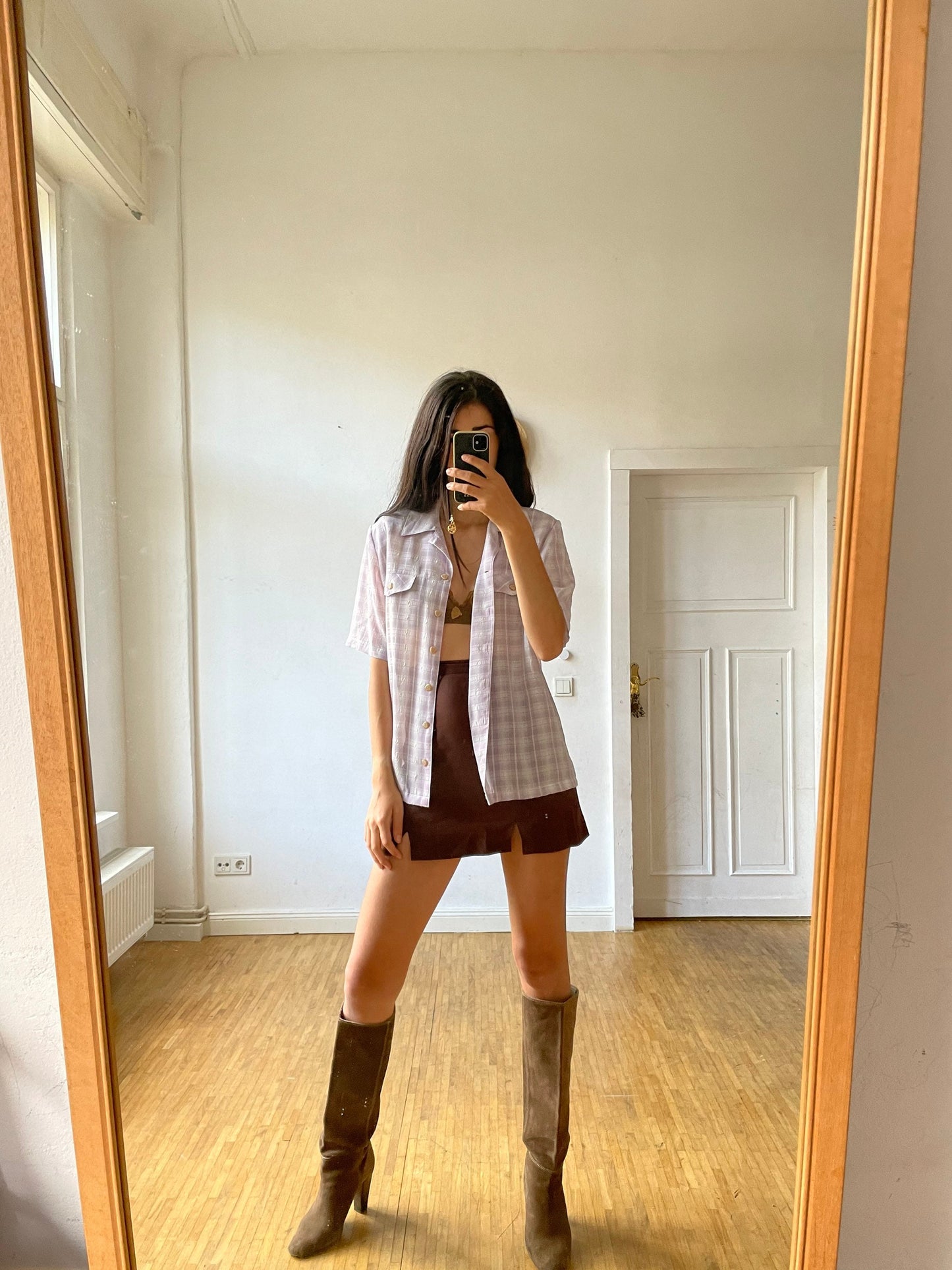 Lavender plaid vintage woman blouse, Short sleeve shirt, Cute Feminine 70s blouse