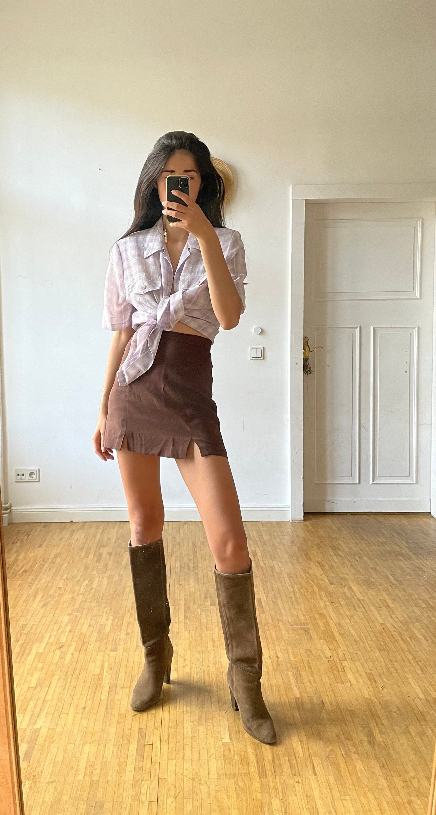 Lavender plaid vintage woman blouse, Short sleeve shirt, Cute Feminine 70s blouse