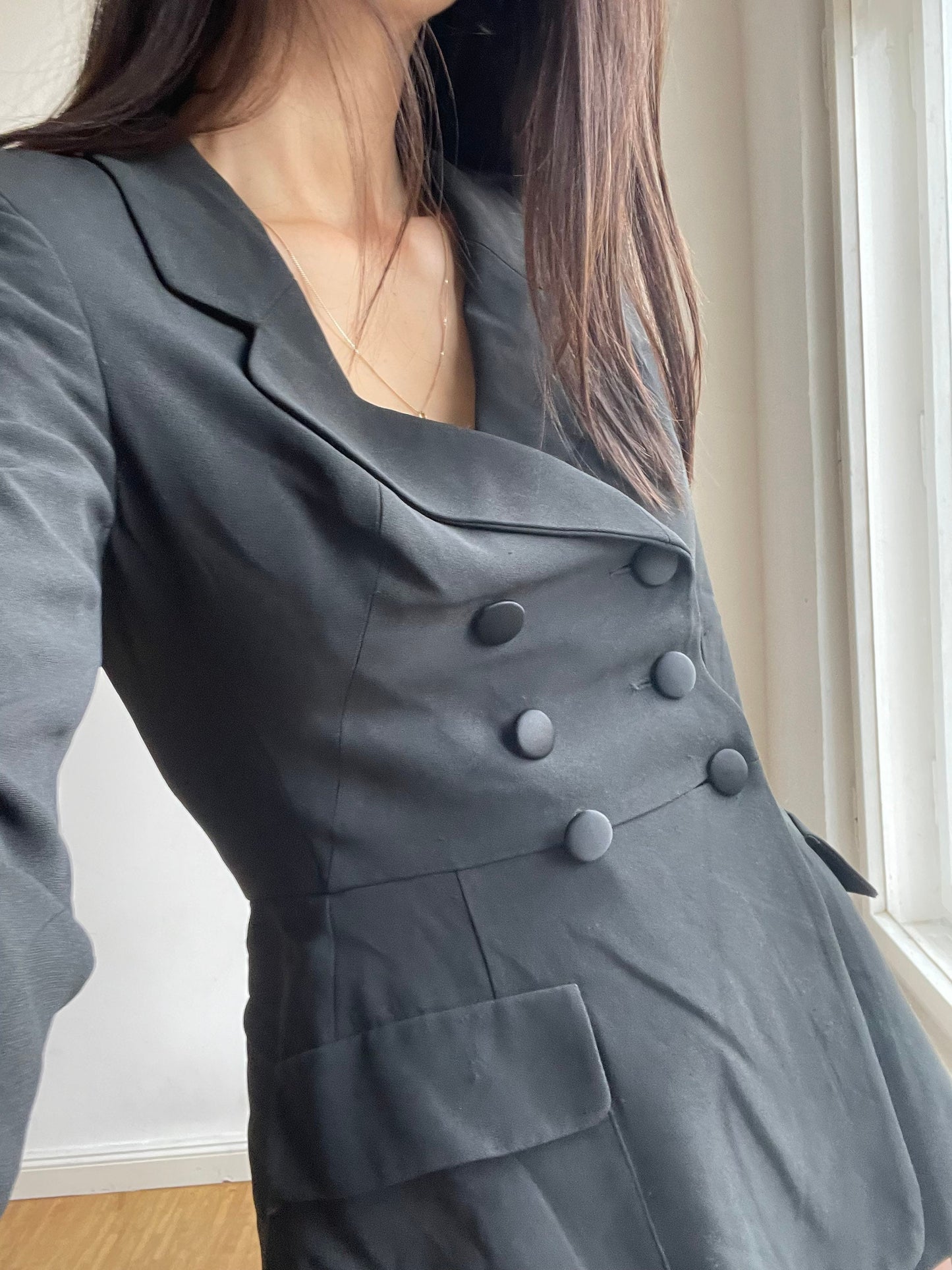 Vintage Moschino Cheap and Chic black blazer fitted double breasted jacket 90s Naomi Campbell minimal boss look officewear street chic