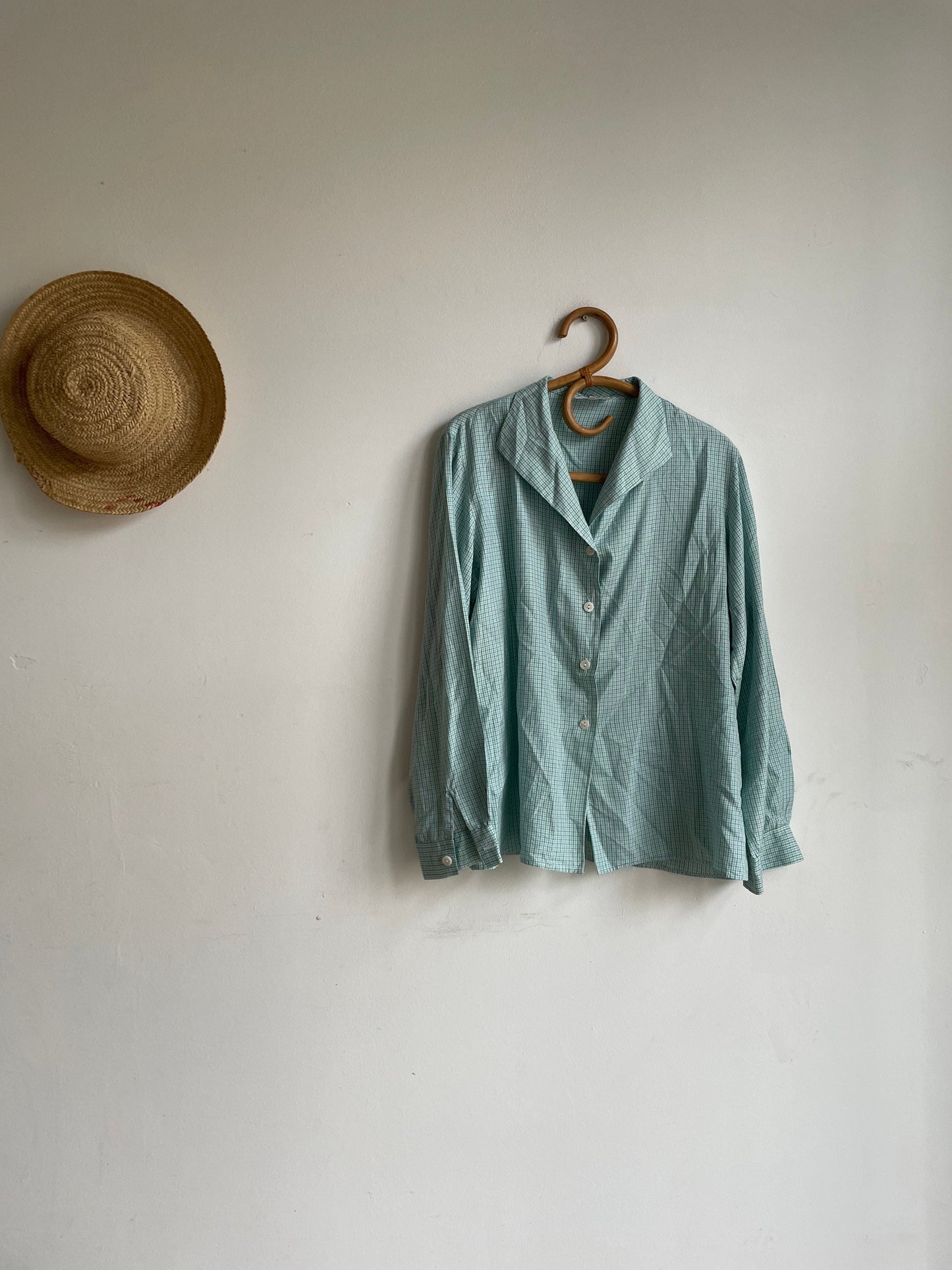 Vintage Balloon brand button-down shirt in green gingham pure silk, oversized soft drape blouse, wearable as crop tie top, Jane Birkin style