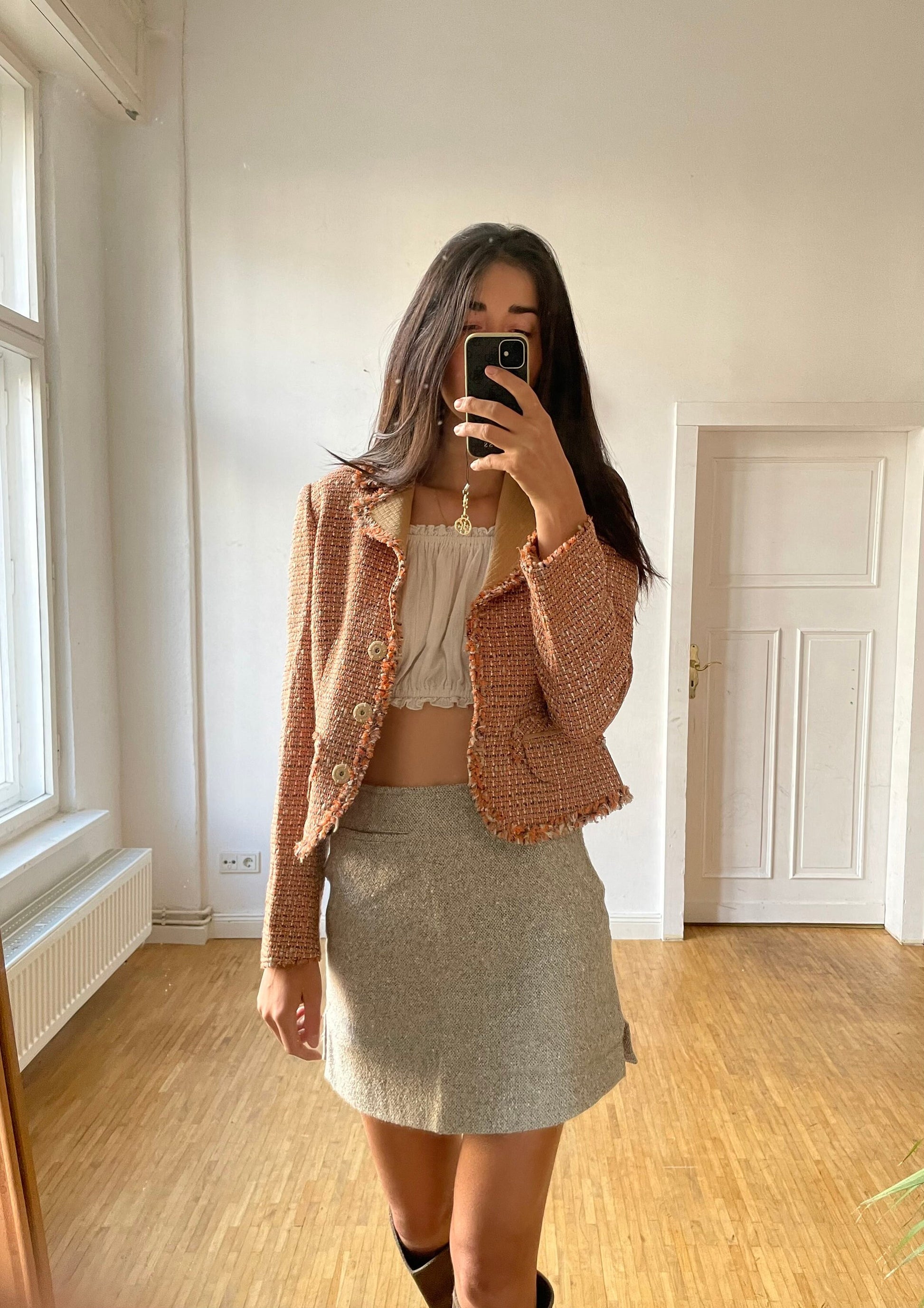 Vintage wool designer jacket, Laurèl silk orange tweed designer jacket, Classic spring summer jacket, Formal feminine wedding guest blazer