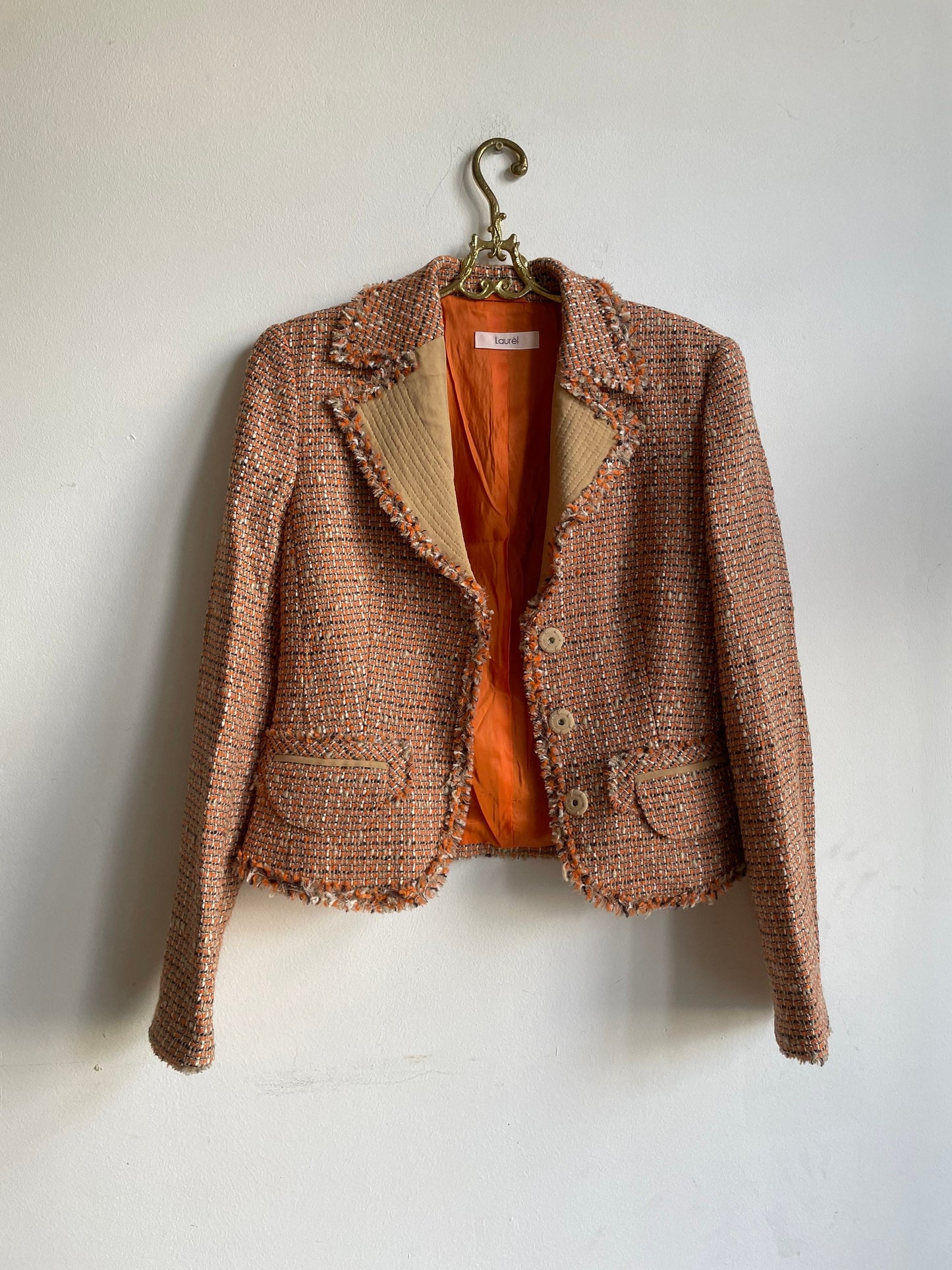 Vintage wool designer jacket, Laurèl silk orange tweed designer jacket, Classic spring summer jacket, Formal feminine wedding guest blazer