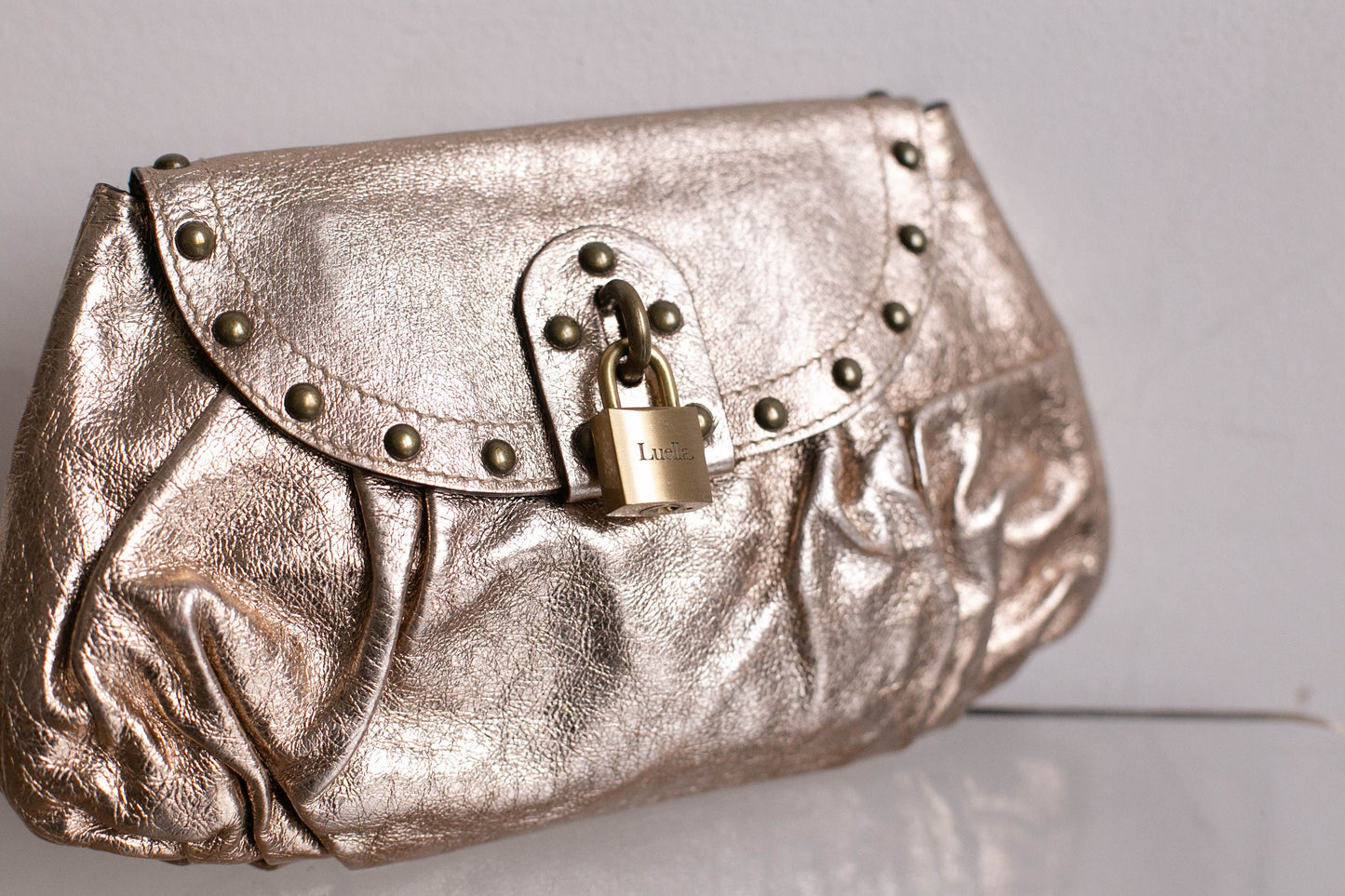 Vintage Luella Designer Studded Clutch Purse | Metallic Gold with Padlock Detail