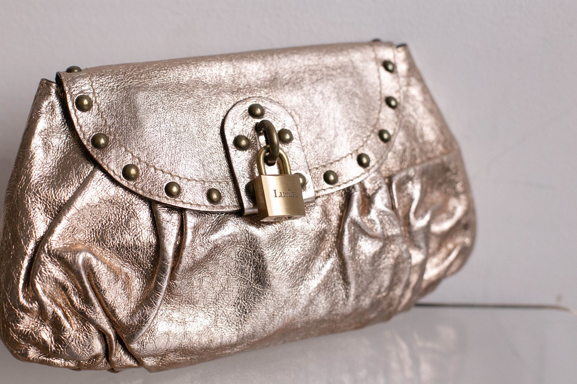 Vintage Luella Designer Studded Clutch Purse | Metallic Gold with Padlock Detail