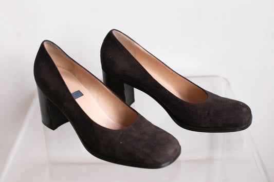 Chocolate brown suede leather pumps, Vintage JOOP! high heels, Comfortable block heel shoes, Retro formal shoes, secretary outfit, Size 39.5
