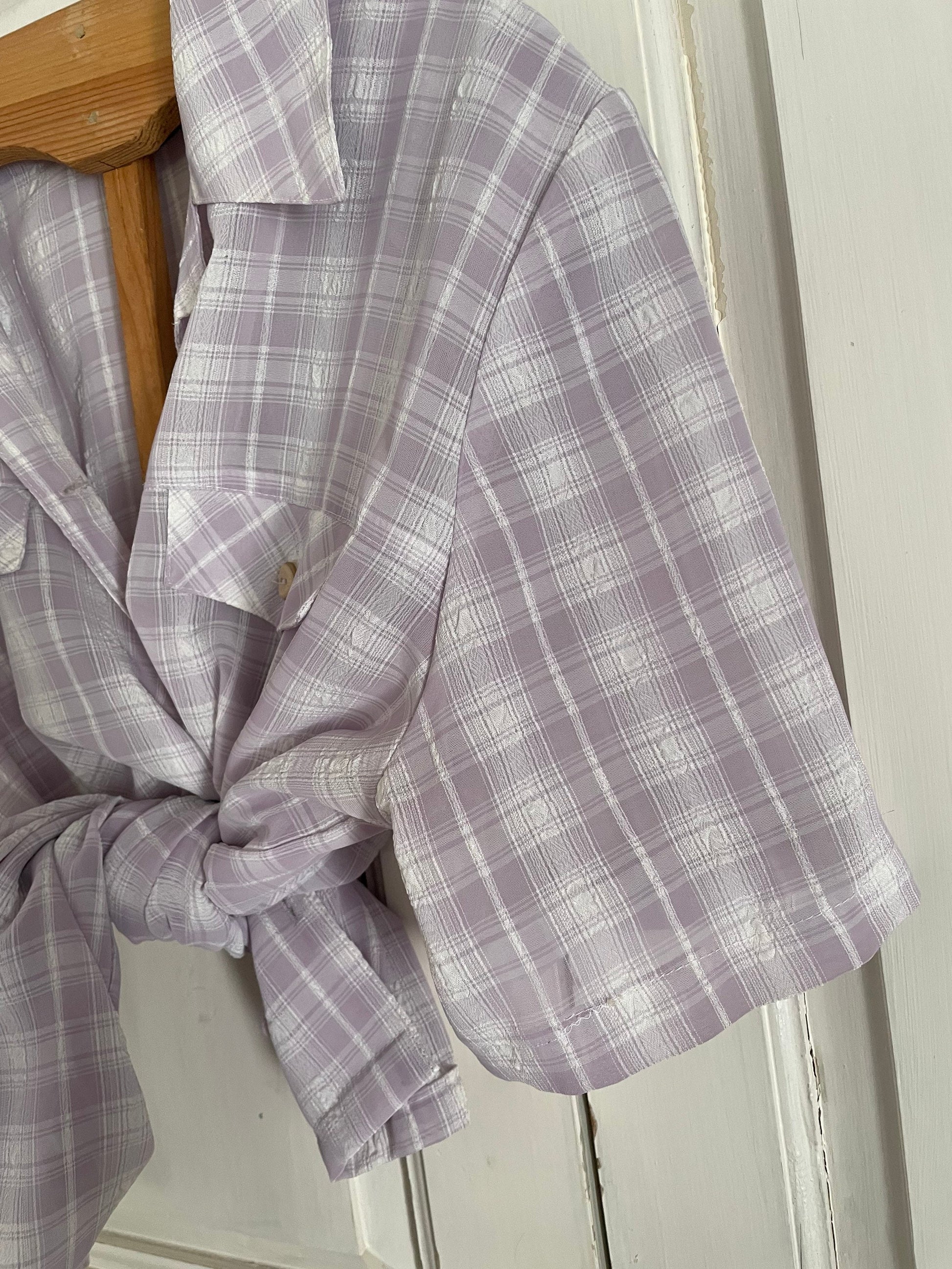 Lavender plaid vintage woman blouse, Short sleeve shirt, Cute Feminine 70s blouse