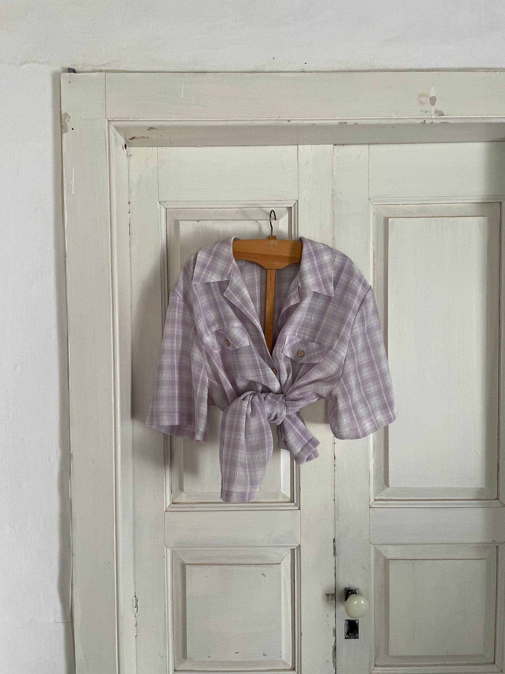 Lavender plaid vintage woman blouse, Short sleeve shirt, Cute Feminine 70s blouse