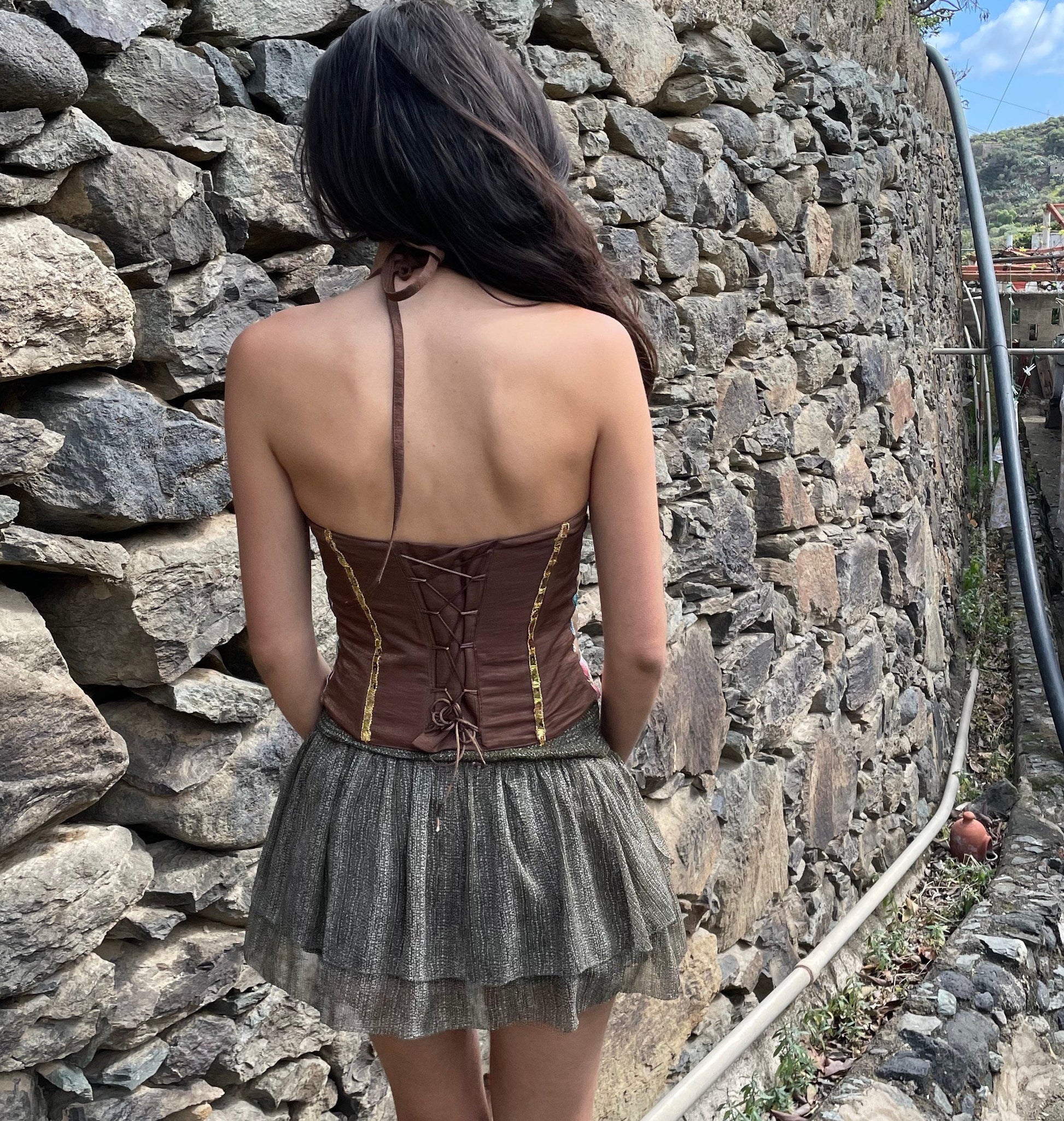Valencia Vintage corset halter top, embroidered corsage, sexy boho, cottage core outfit , lace up bustier, Disney bounding clothing /
