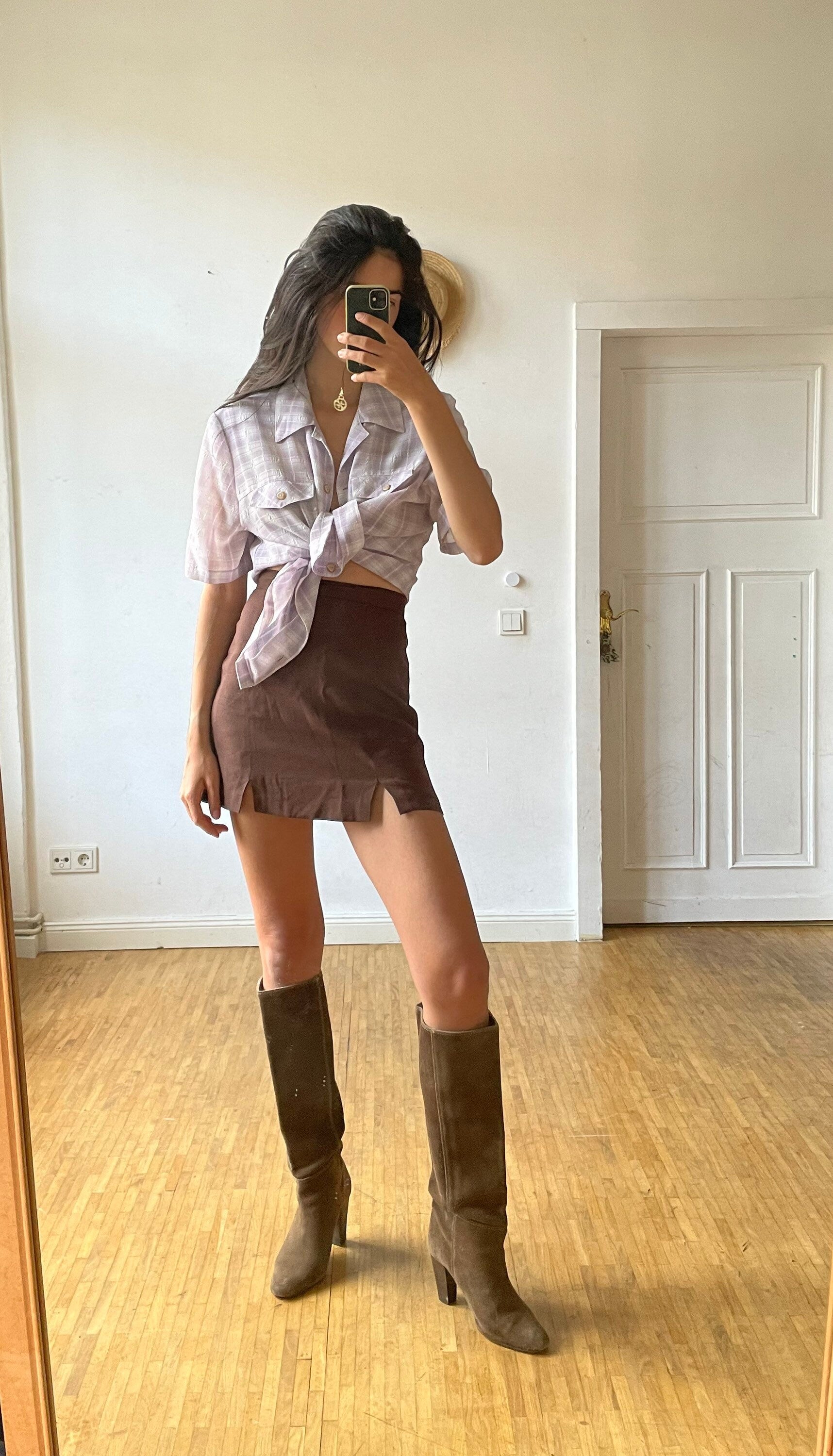 Lavender plaid vintage woman blouse, Short sleeve shirt, Cute Feminine 70s blouse