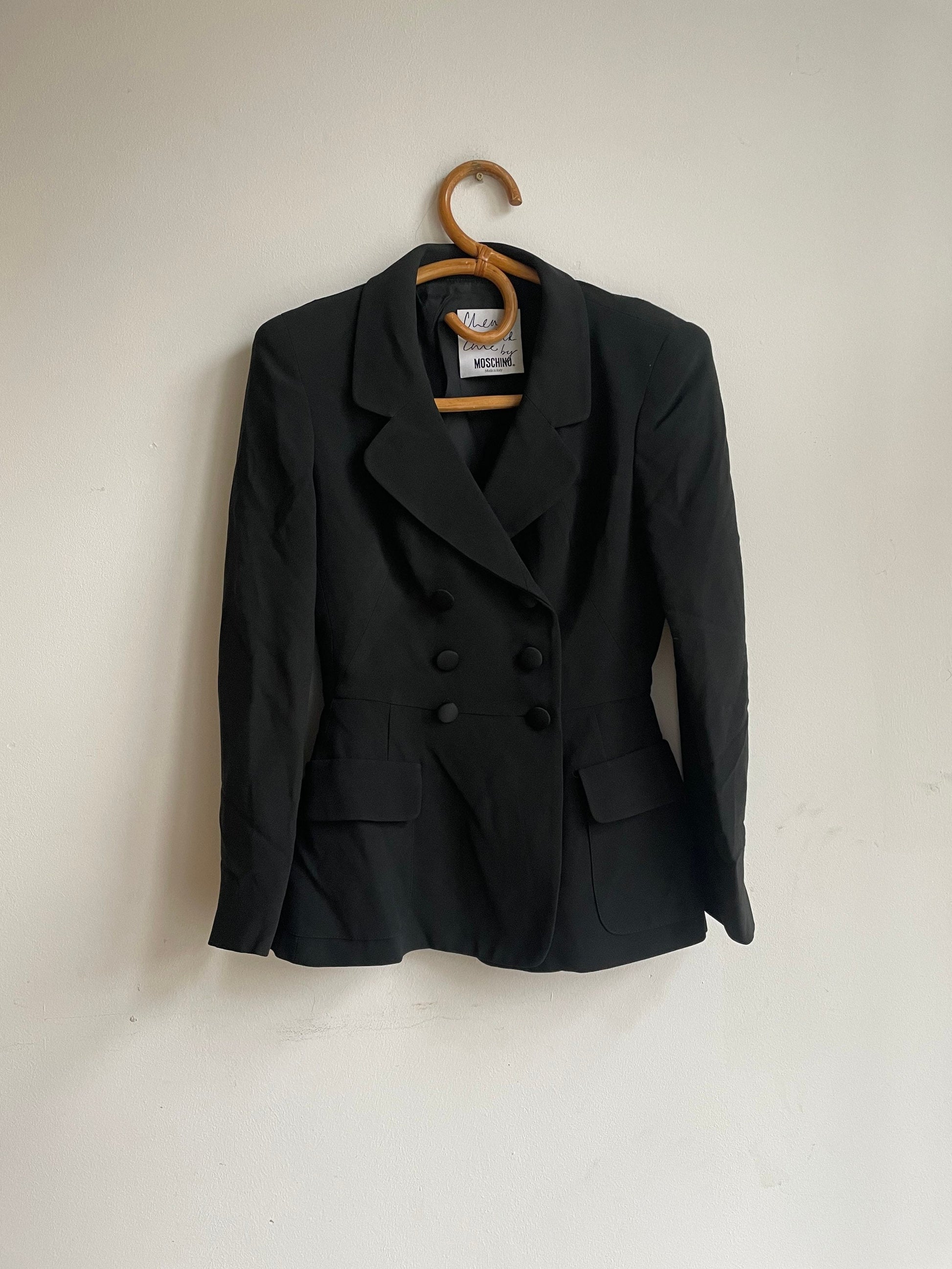 Vintage Moschino Cheap and Chic black blazer fitted double breasted jacket 90s Naomi Campbell minimal boss look officewear street chic