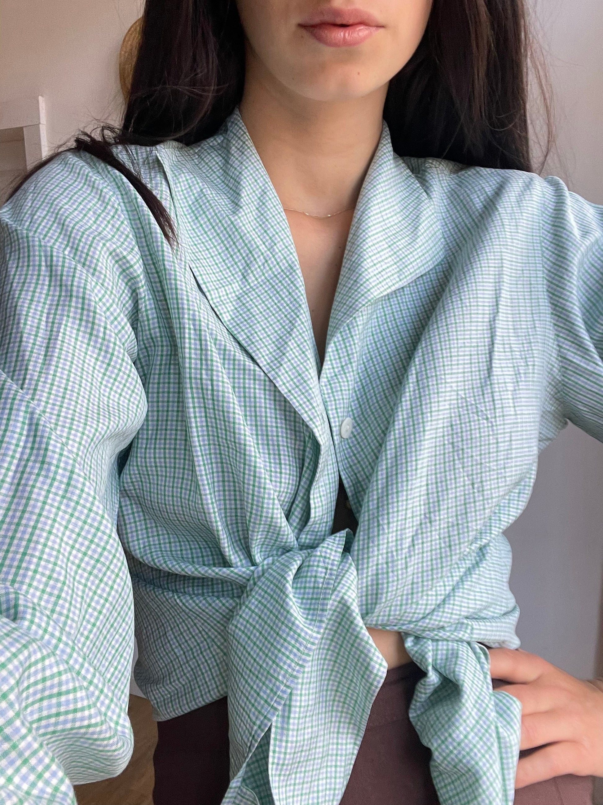 Vintage Balloon brand button-down shirt in green gingham pure silk, oversized soft drape blouse, wearable as crop tie top, Jane Birkin style