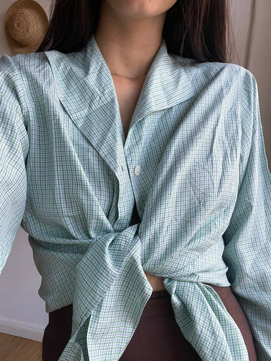 Vintage Balloon brand button-down shirt in green gingham pure silk, oversized soft drape blouse, wearable as crop tie top, Jane Birkin style