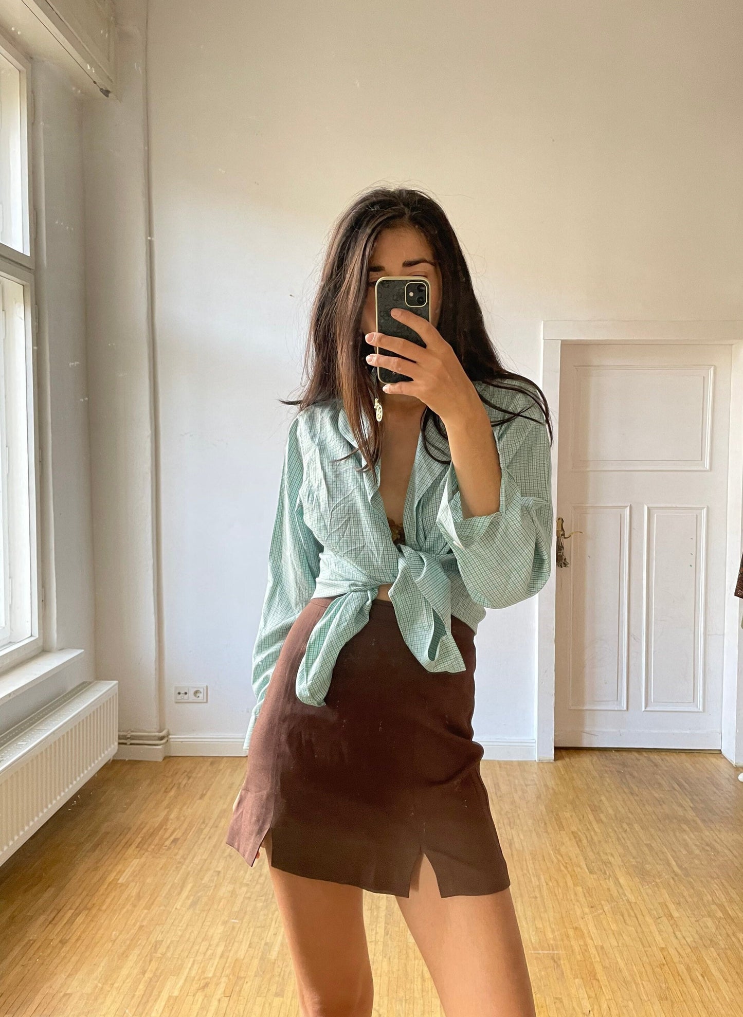 Vintage Balloon brand button-down shirt in green gingham pure silk, oversized soft drape blouse, wearable as crop tie top, Jane Birkin style