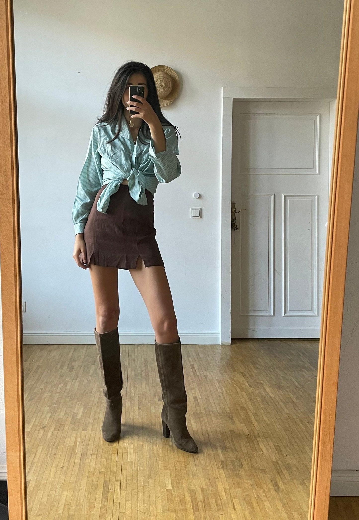 Vintage Balloon brand button-down shirt in green gingham pure silk, oversized soft drape blouse, wearable as crop tie top, Jane Birkin style