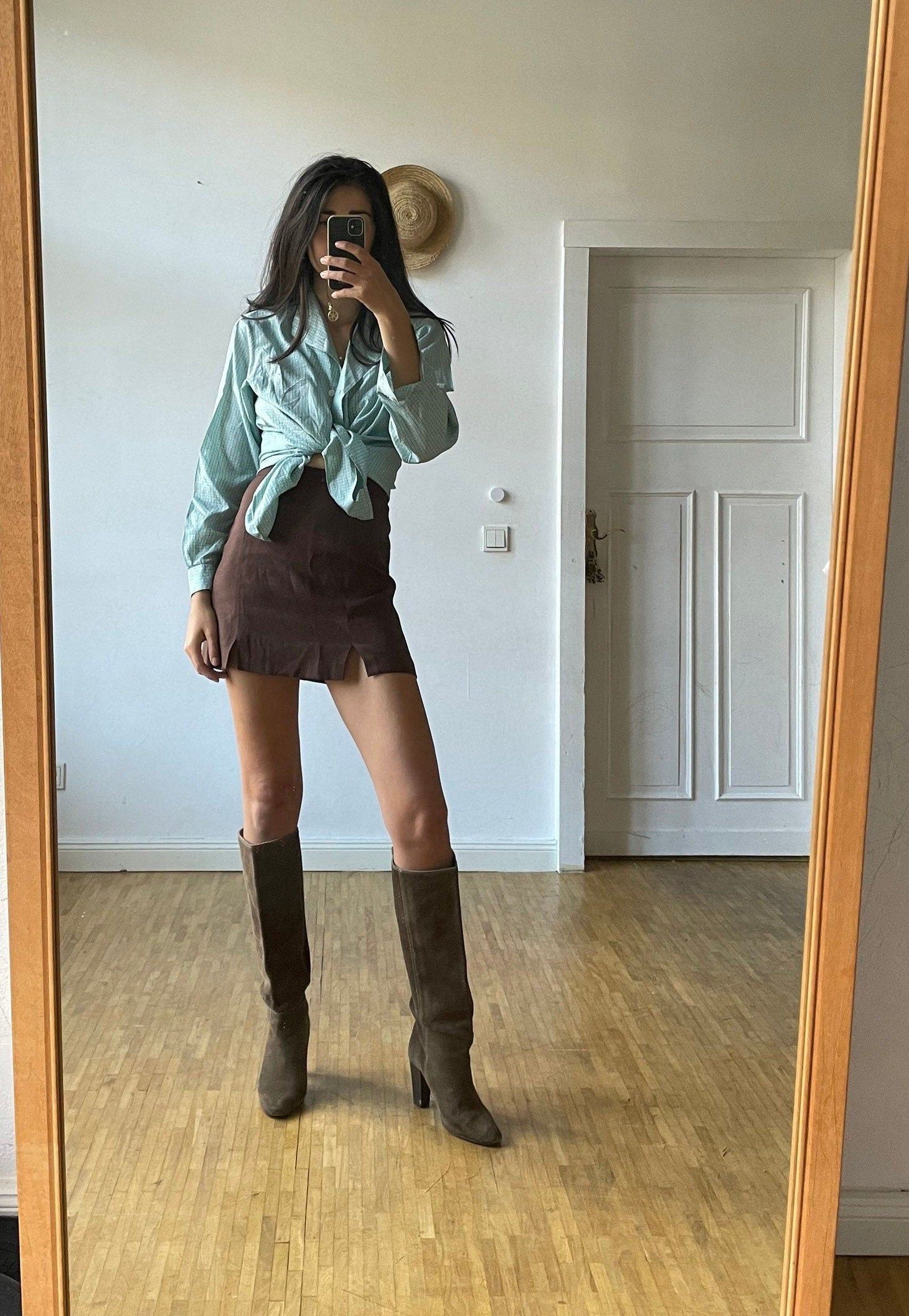 Vintage Balloon brand button-down shirt in green gingham pure silk, oversized soft drape blouse, wearable as crop tie top, Jane Birkin style