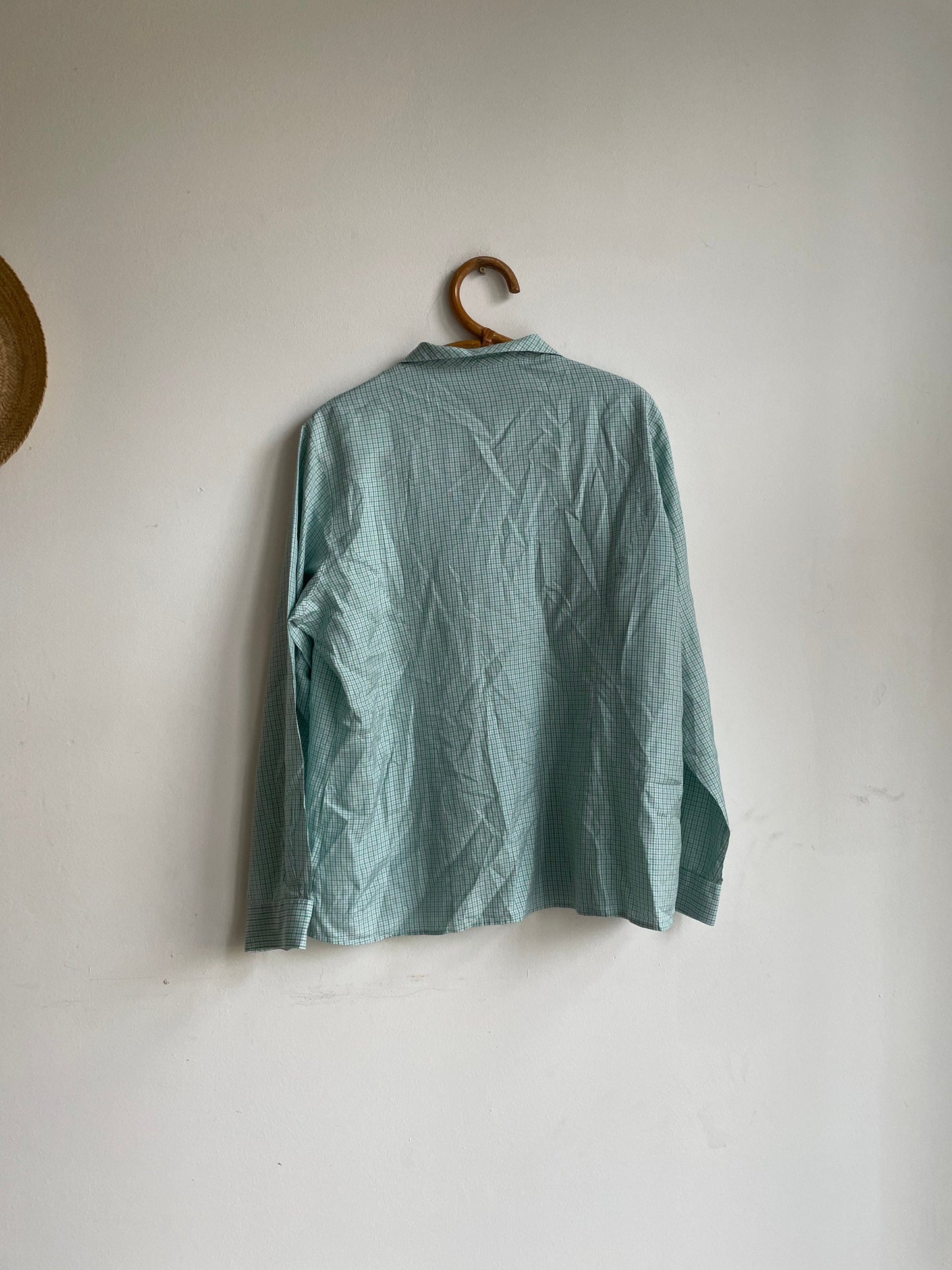 Vintage Balloon brand button-down shirt in green gingham pure silk, oversized soft drape blouse, wearable as crop tie top, Jane Birkin style
