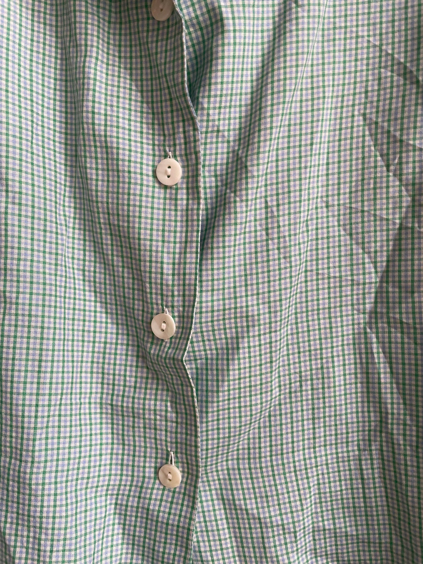 Vintage Balloon brand button-down shirt in green gingham pure silk, oversized soft drape blouse, wearable as crop tie top, Jane Birkin style