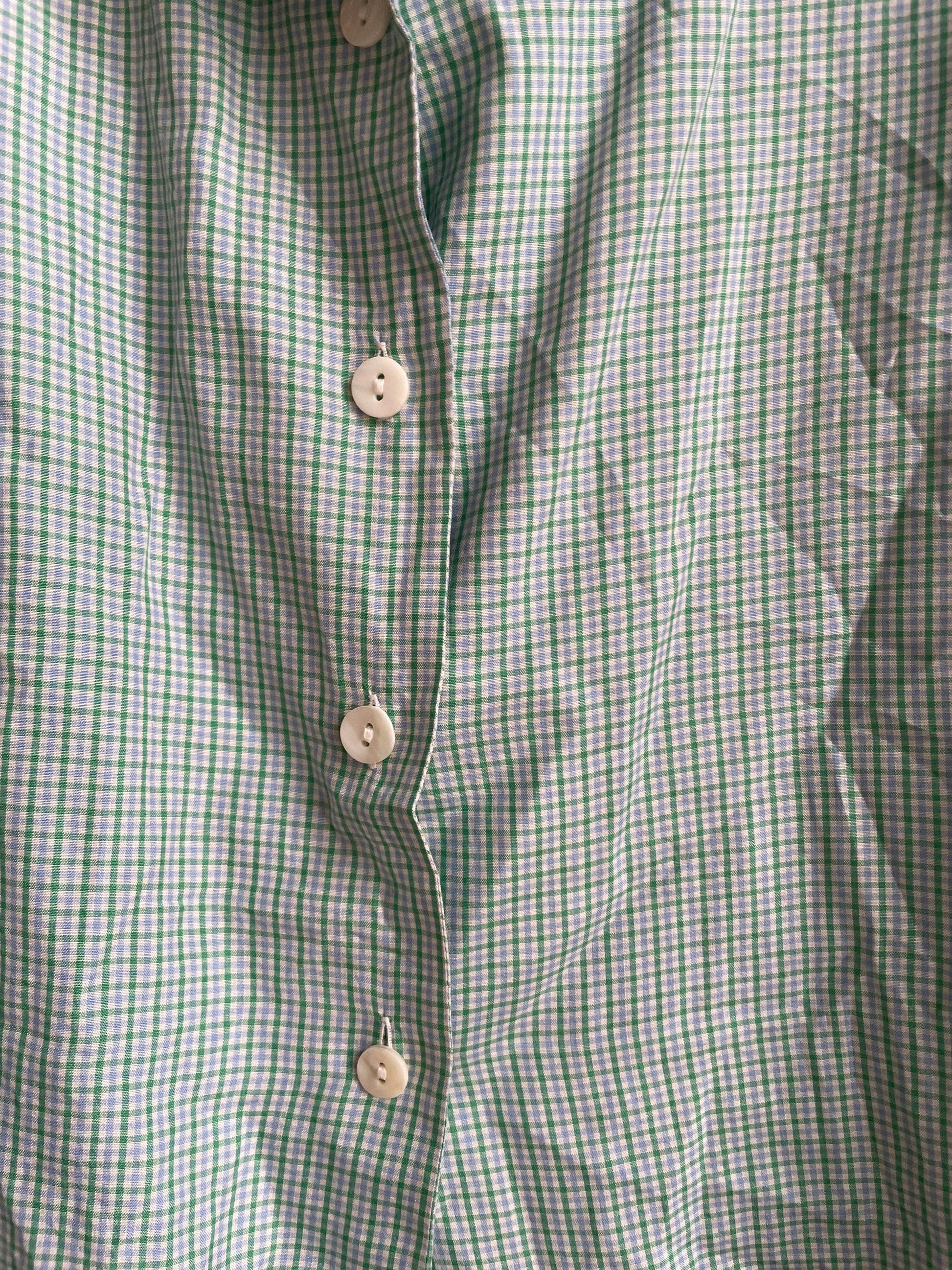 Vintage Balloon brand button-down shirt in green gingham pure silk, oversized soft drape blouse, wearable as crop tie top, Jane Birkin style
