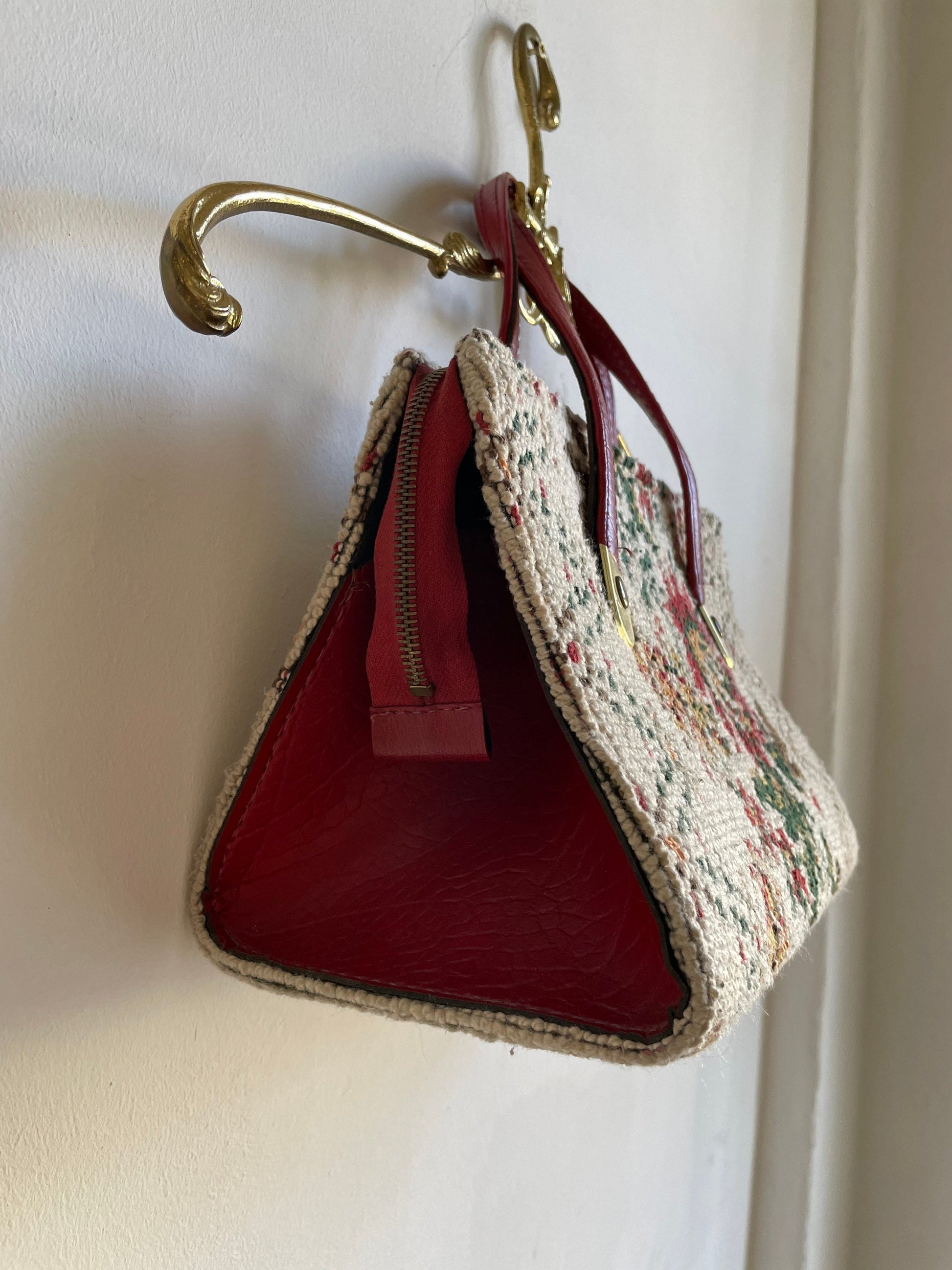 Vintage Tapestry Floral Handbag with Red Leather Handles | Cottagecore Chic