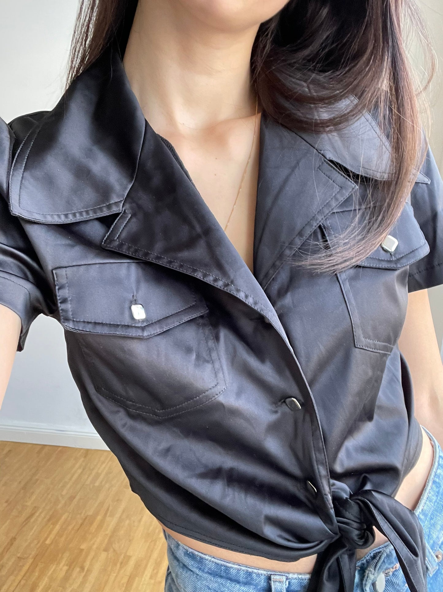 Italian Vintage Black Cropped Blouse — fabric close-up