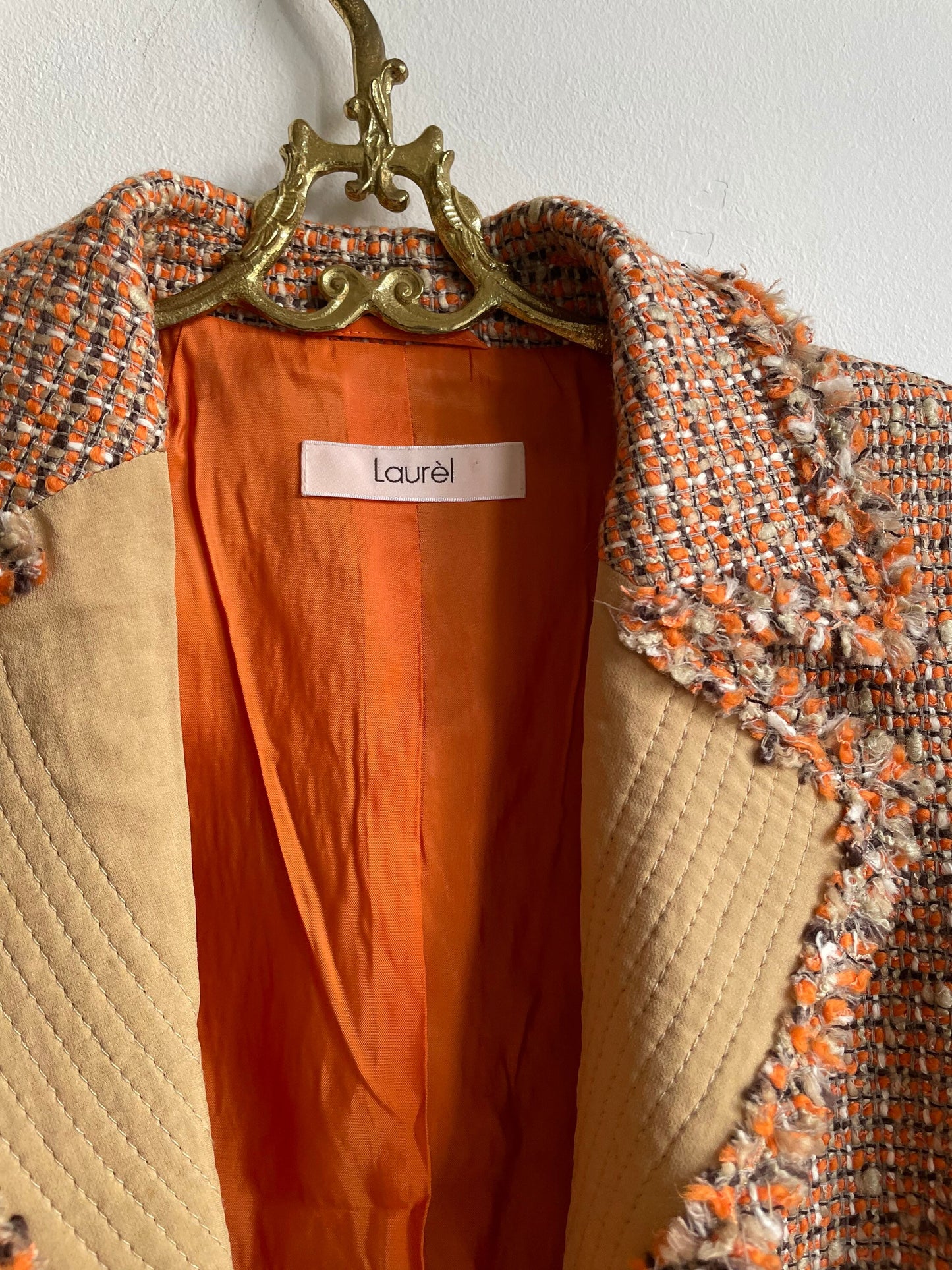 Vintage wool designer jacket, Laurèl silk orange tweed designer jacket, Classic spring summer jacket, Formal feminine wedding guest blazer