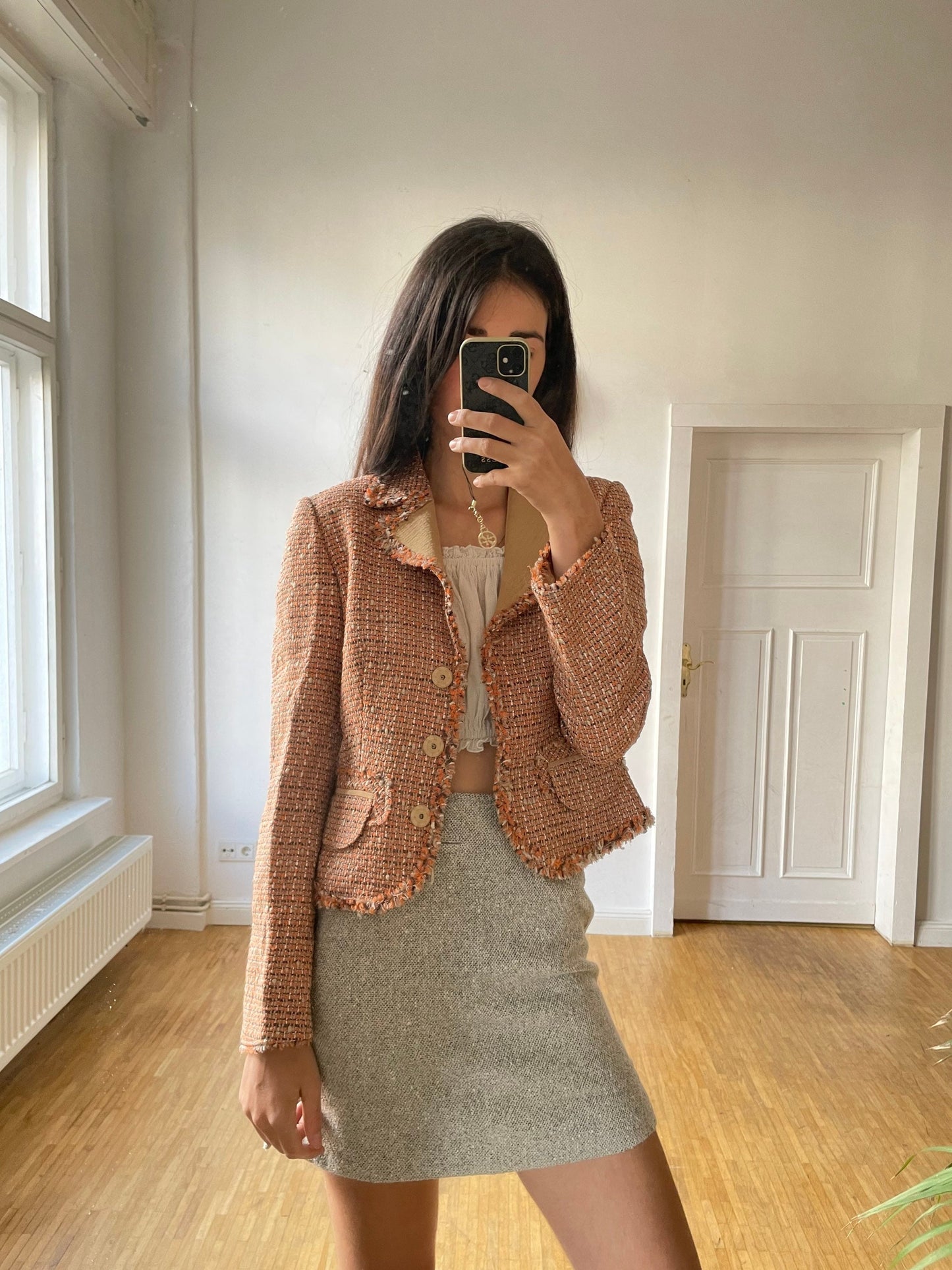 Vintage wool designer jacket, Laurèl silk orange tweed designer jacket, Classic spring summer jacket, Formal feminine wedding guest blazer