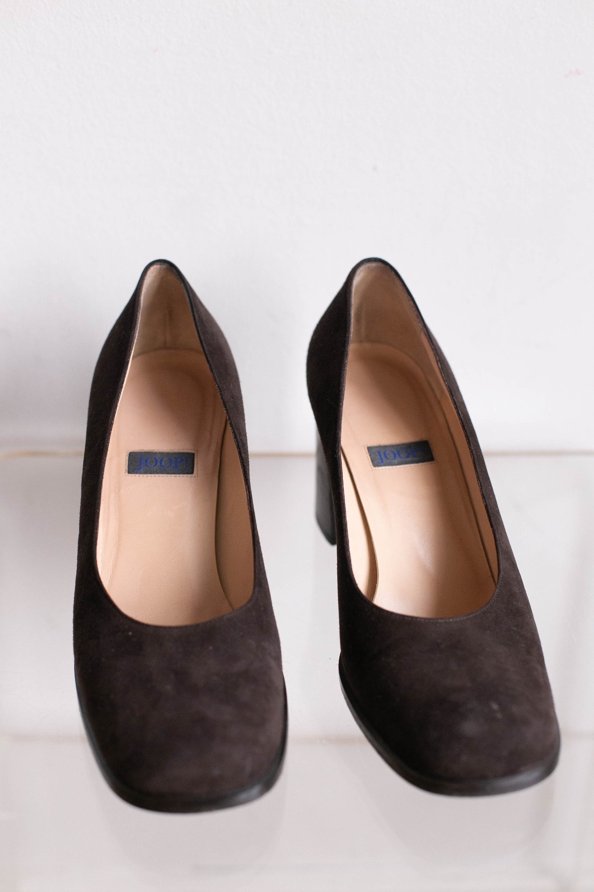 Vintage Chocolate Brown Suede Leather Pumps — back view