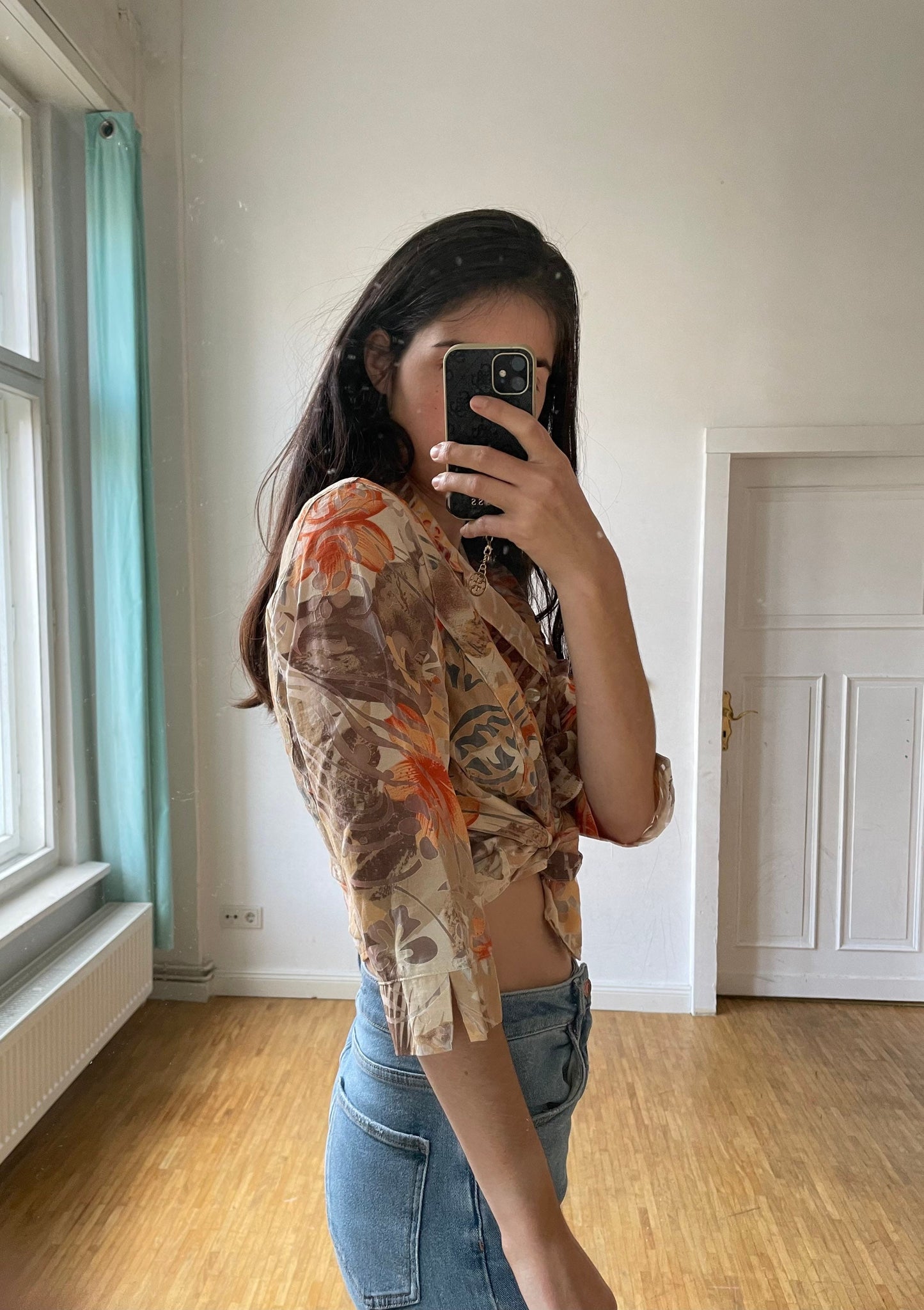 Retro woman vintage Floral Short sleeve Blouse - Retro women's shirt, Oversized summer blouse, Orange and yellow abstract pattern top, M - L