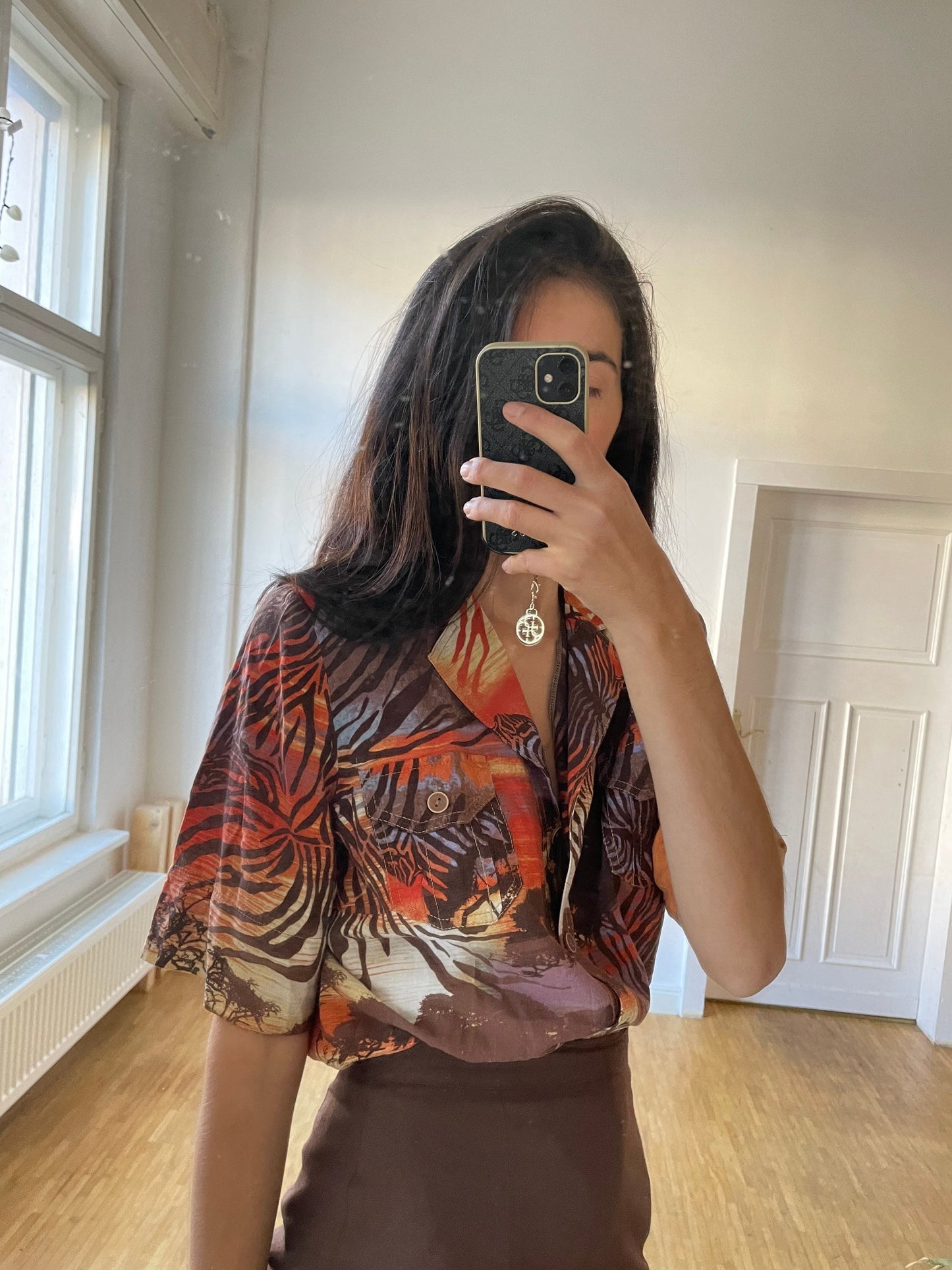 Vintage Safari Button Down Shirt for Women, Burnt Orange Tropical Print Blouse, Linen Cotton Blend Summer Top with Pockets,Tie-Up or Tuck In