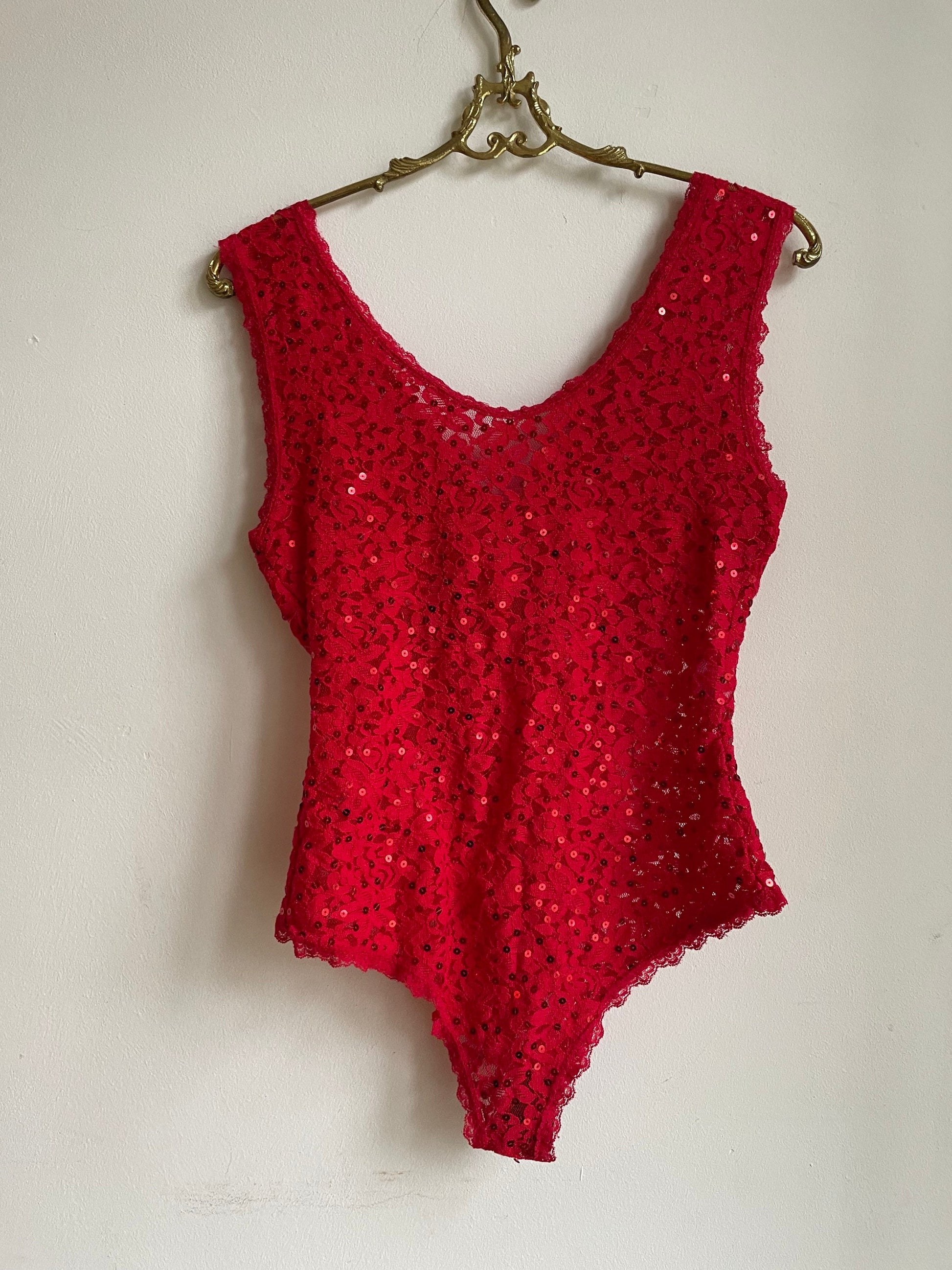 Gorgeous red sequin femme fatale leotard, Vibrant glitter one piece, Boujee deep v camisole, Vintage bodysuit, Clubbing top, Christmas top