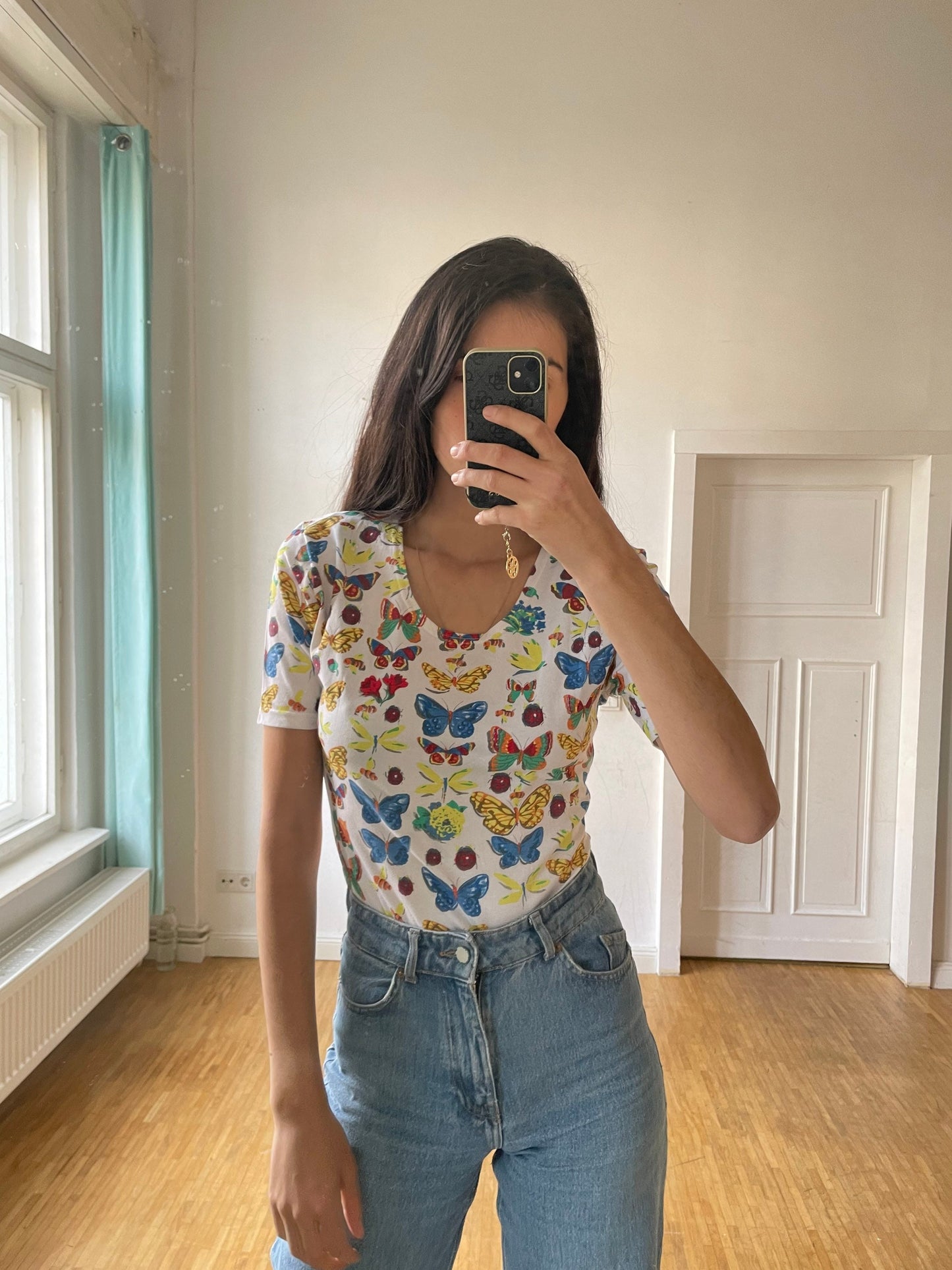 Vintage Butterfly Cotton Bodysuit, Retro Cottagecore Short Sleeve Leotard, Colorful Summer Top, Tie Front, Size S (XL Tag)