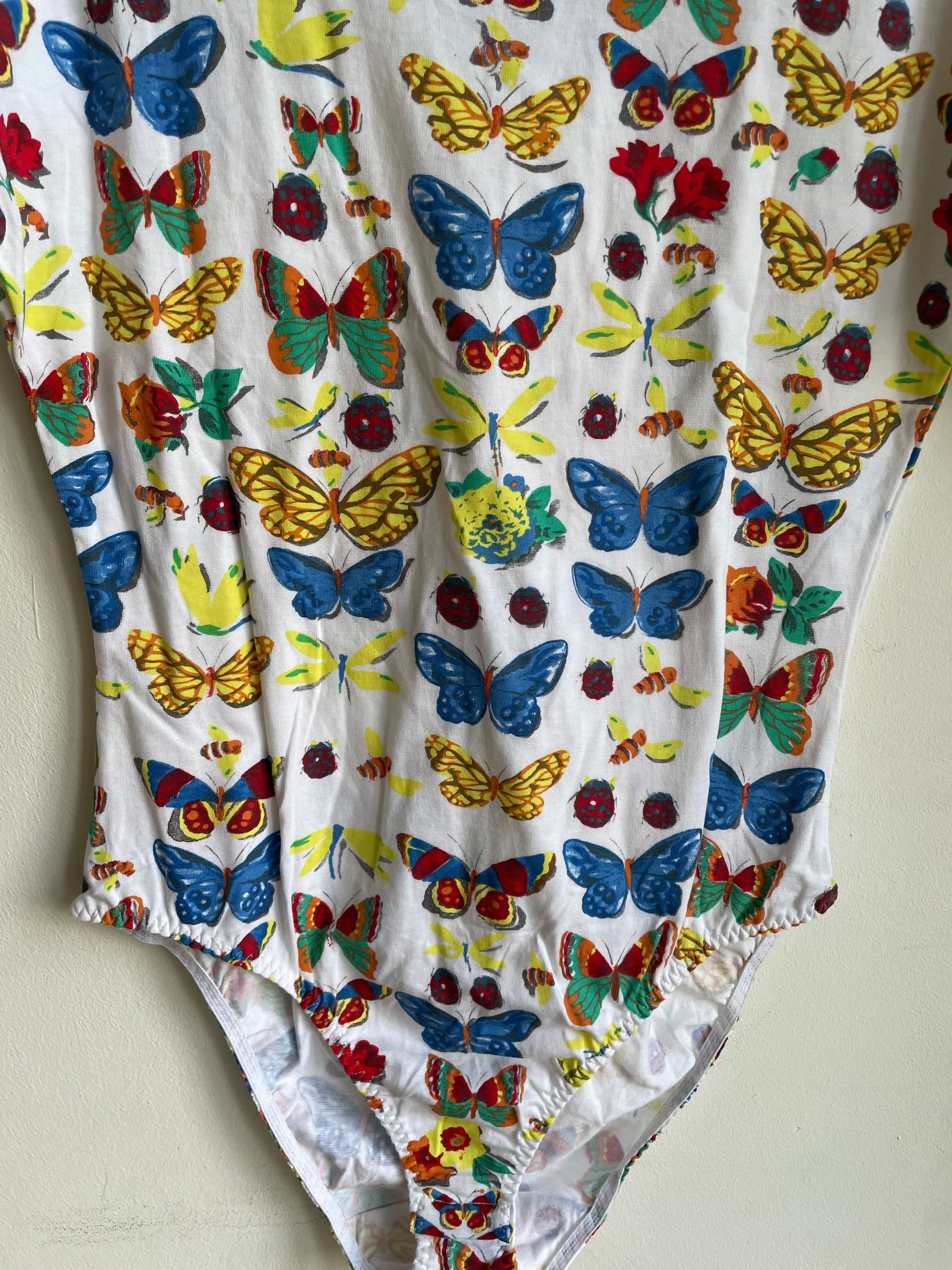 Vintage Butterfly Cotton Bodysuit, Retro Cottagecore Short Sleeve Leotard, Colorful Summer Top, Tie Front, Size S (XL Tag)