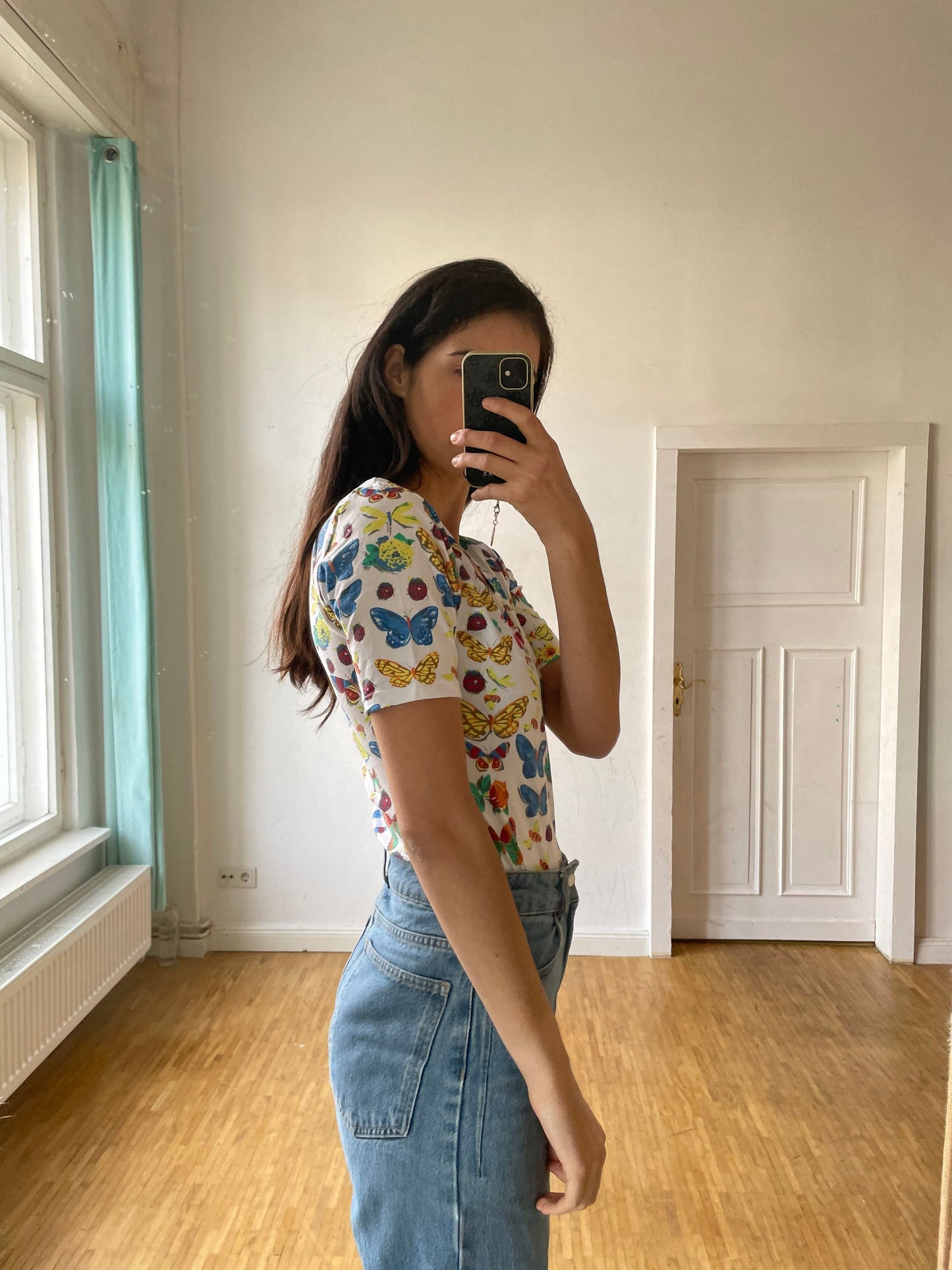 Vintage Butterfly Cotton Bodysuit, Retro Cottagecore Short Sleeve Leotard, Colorful Summer Top, Tie Front, Size S (XL Tag)