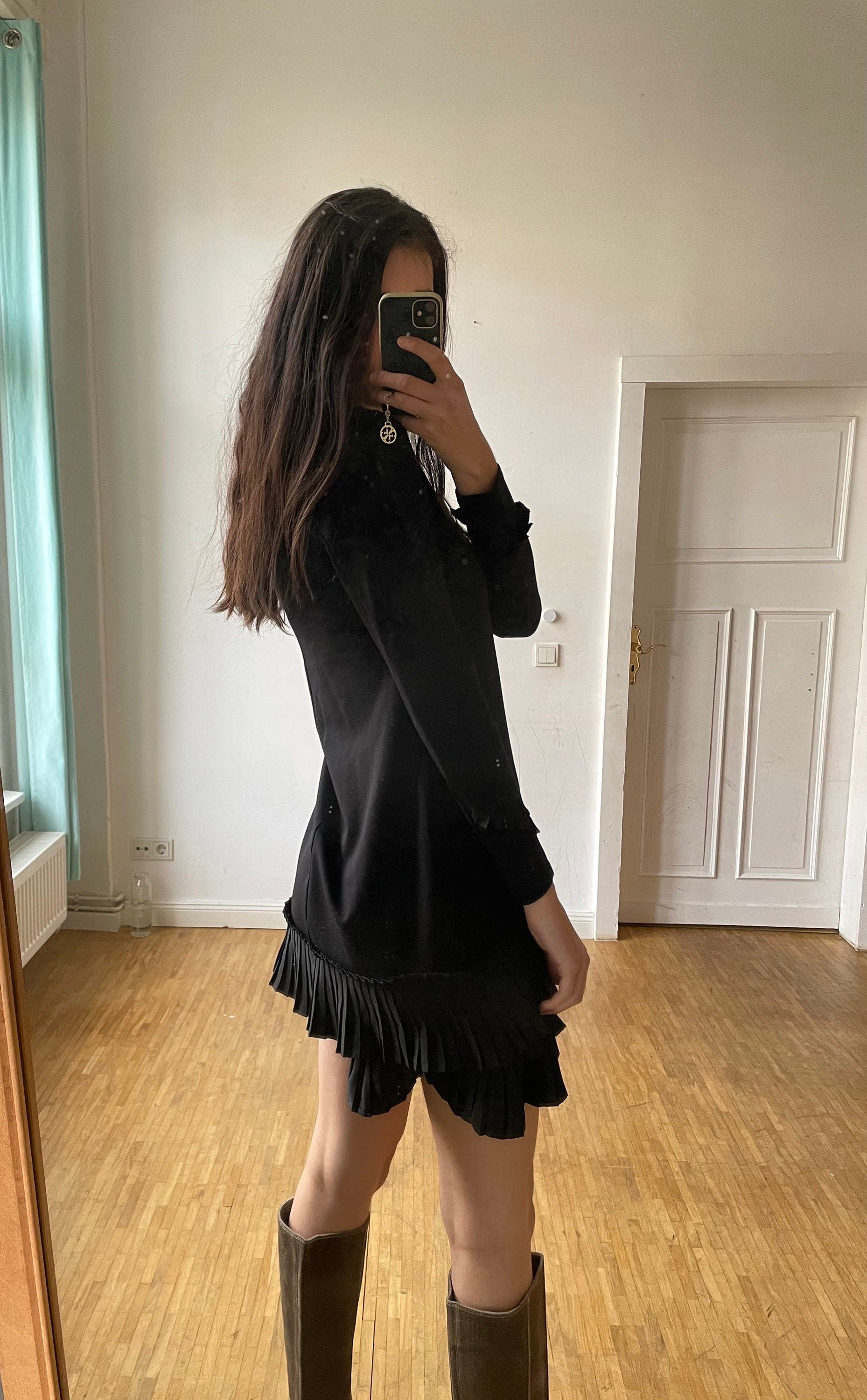 Vintage black ruffle dress with long sleeves, Mini summer dress,
