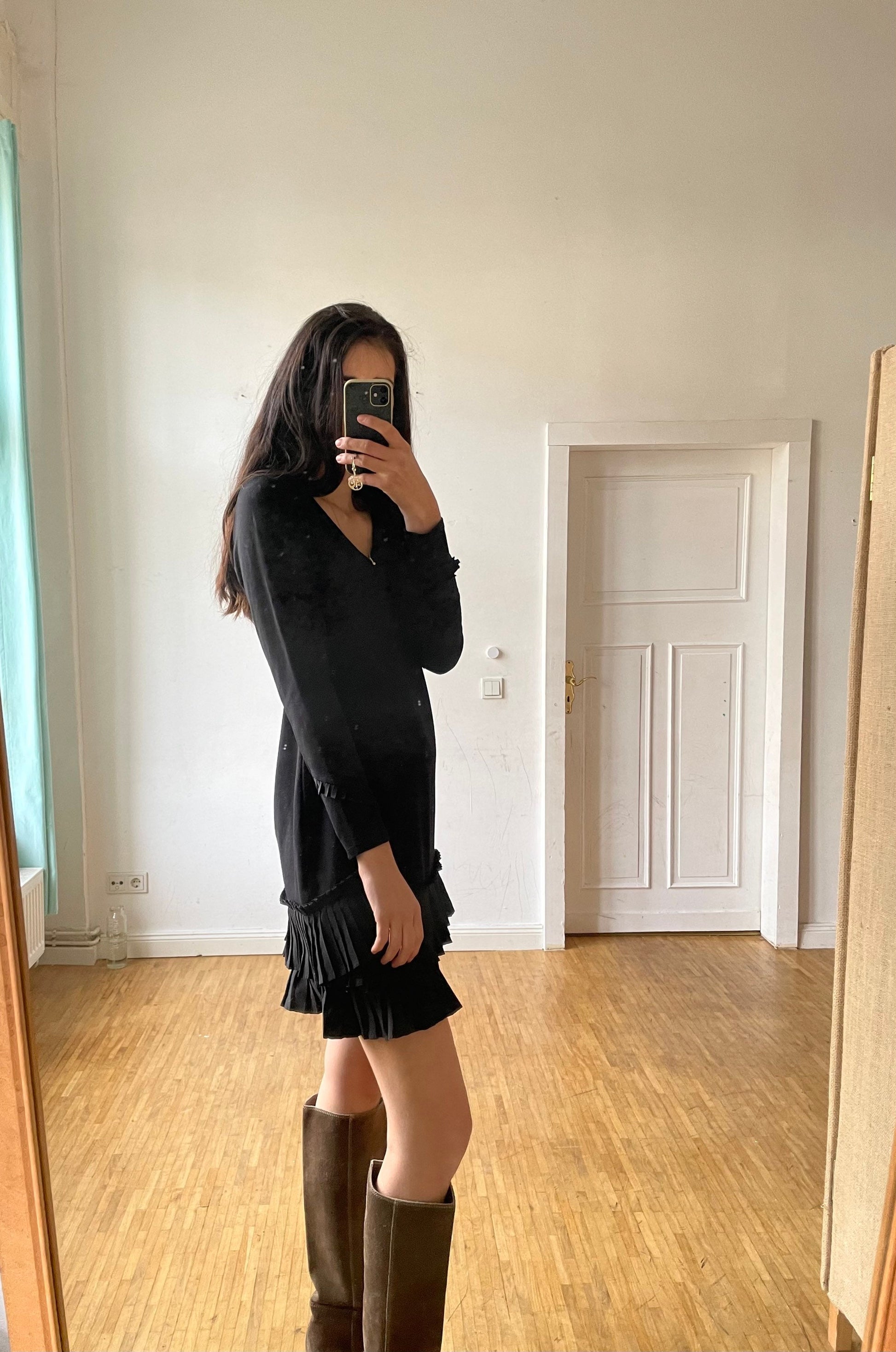 Vintage black ruffle dress with long sleeves, Mini summer dress,
