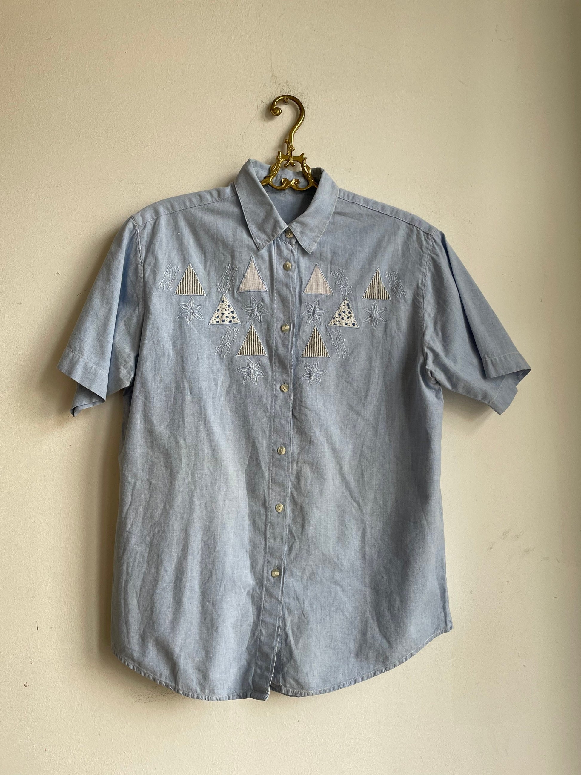Baby blue oversized blouse with patchwork, Vintage denim women's blouse, Light blue summer top, retro women shirt, Short sleeve button up