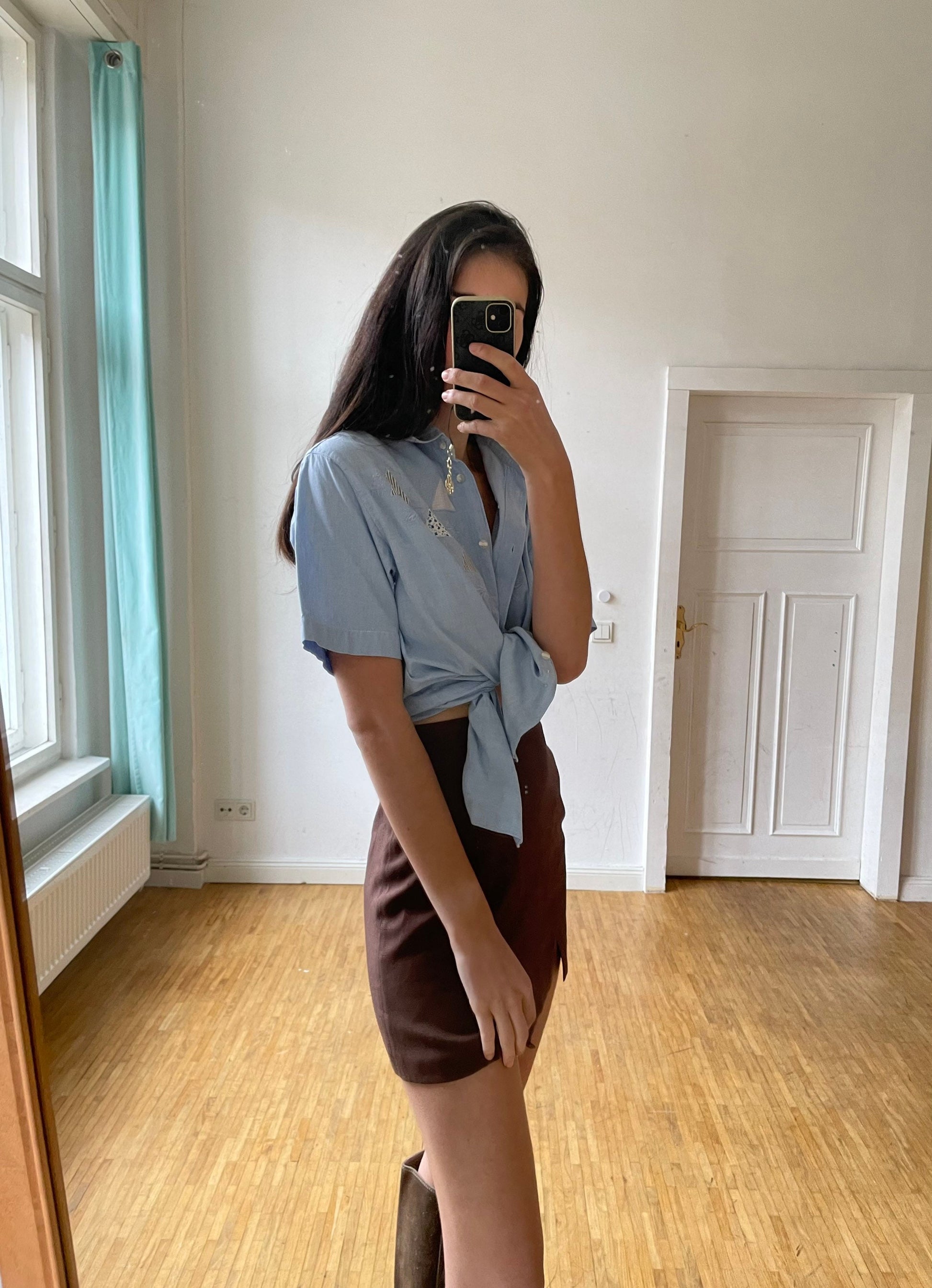 Baby blue oversized blouse with patchwork, Vintage denim women's blouse, Light blue summer top, retro women shirt, Short sleeve button up