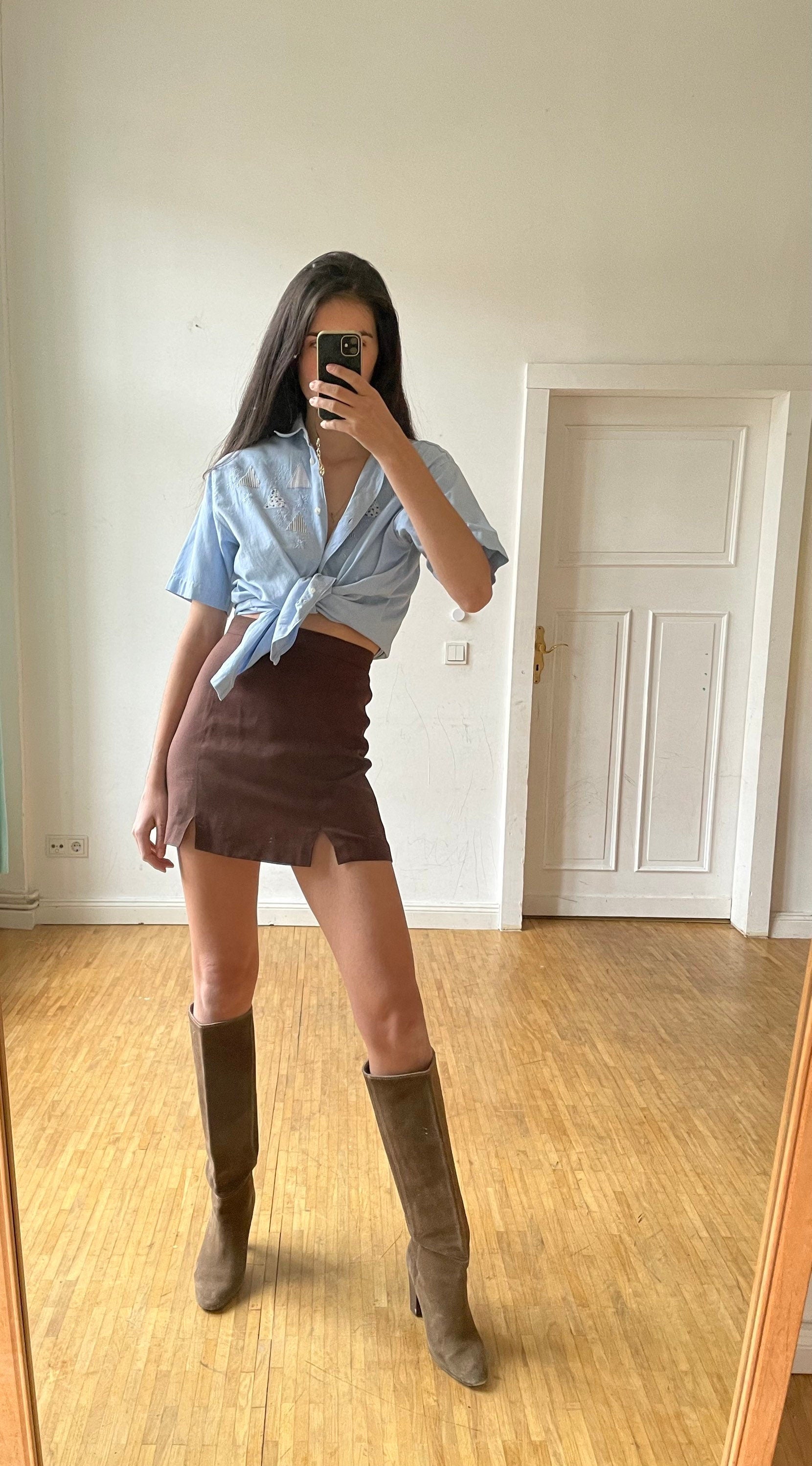 Baby blue oversized blouse with patchwork, Vintage denim women's blouse, Light blue summer top, retro women shirt, Short sleeve button up