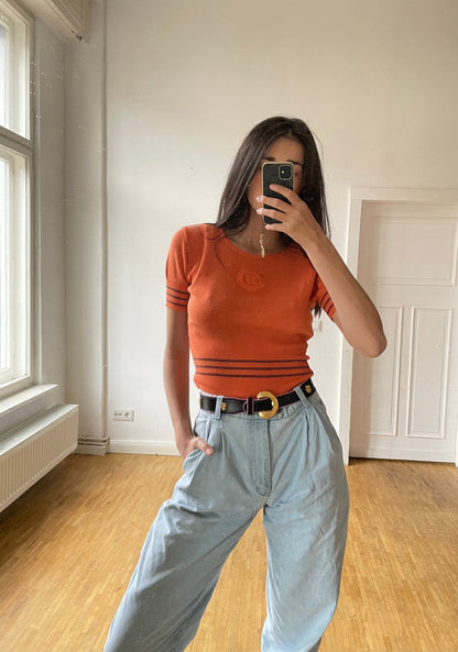 Vintage Y2K Iceberg Orange Wool T-Shirt — fabric close-up