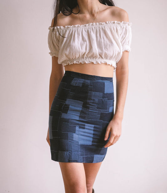 Sexy patchwork denim skirt, Short tight pencil skirt, Y2k blue vintage summer skirt, Retro patchwork skirt, XS