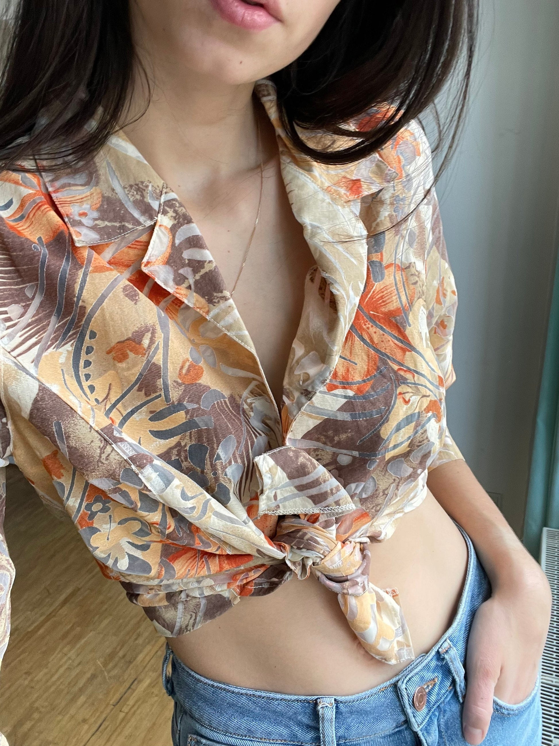 Retro woman vintage Floral Short sleeve Blouse - Retro women's shirt, Oversized summer blouse, Orange and yellow abstract pattern top, M - L