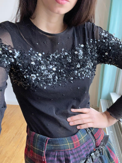 Black Sheer Sequin Long Sleeve Top — fabric close-up