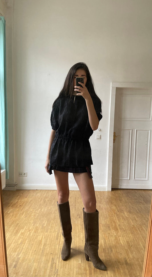 Vintage black top, 80s black blouse, Cute puff sleeve shirt, Short balloon sleeve feminine blouse, M