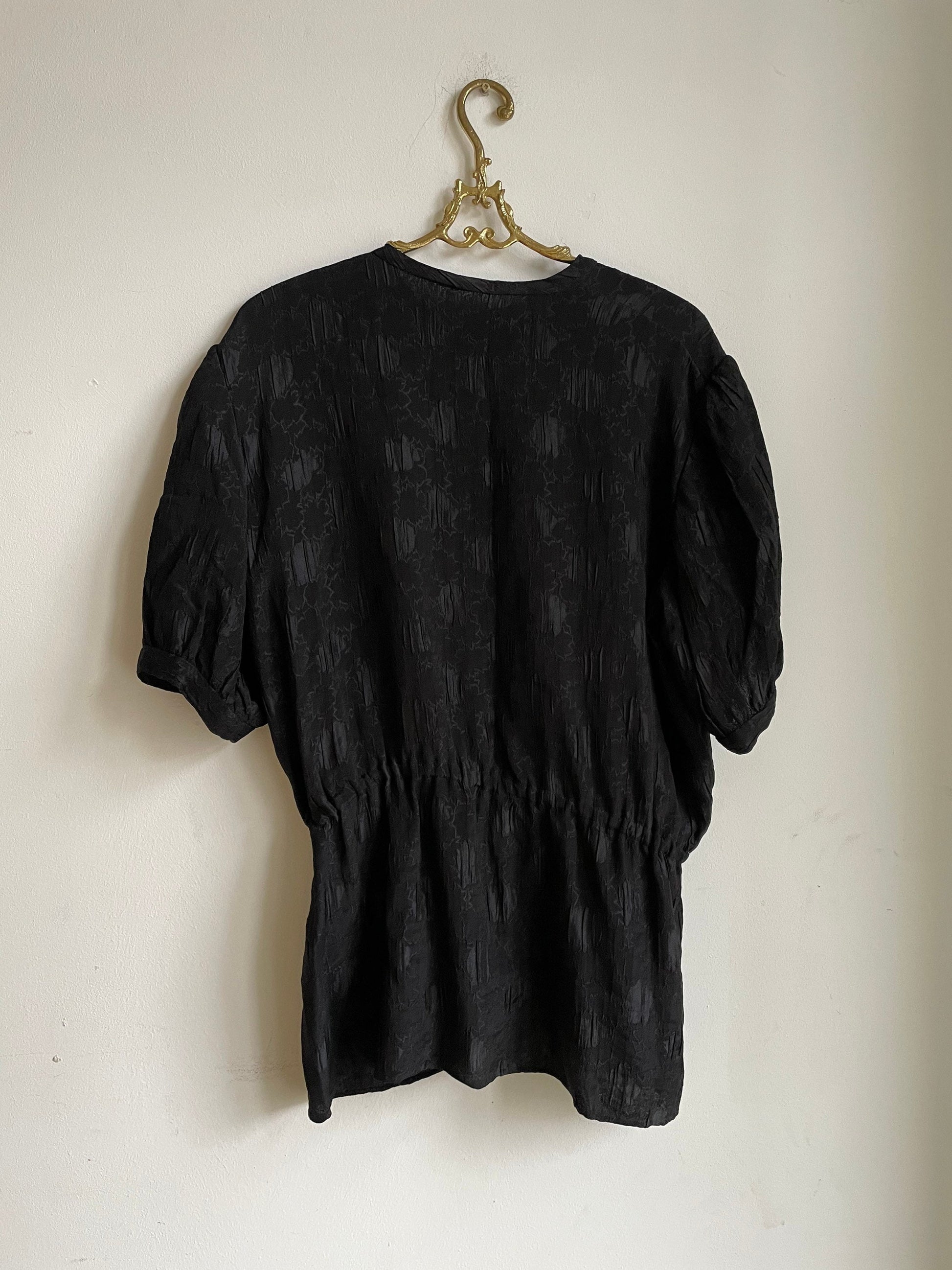 Vintage black top, 80s black blouse, Cute puff sleeve shirt, Short balloon sleeve feminine blouse, M
