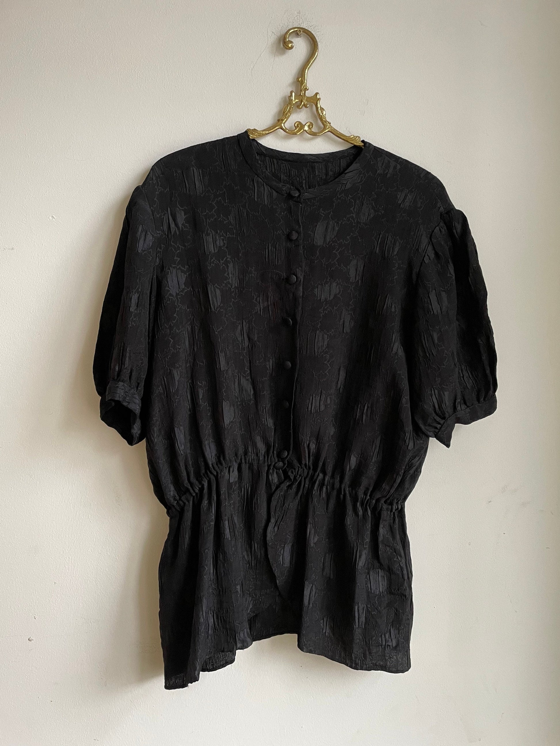 Vintage black top, 80s black blouse, Cute puff sleeve shirt, Short balloon sleeve feminine blouse, M