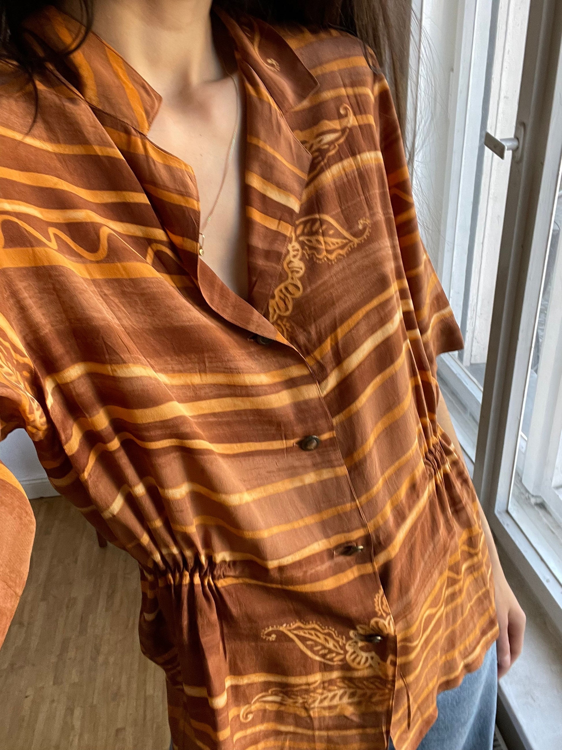Retro 70s Burnt orange blouse woman blouse, Vintage relaxed shirt, Retro beach shirt, Oversized comfortable summer blouse, Long shirt