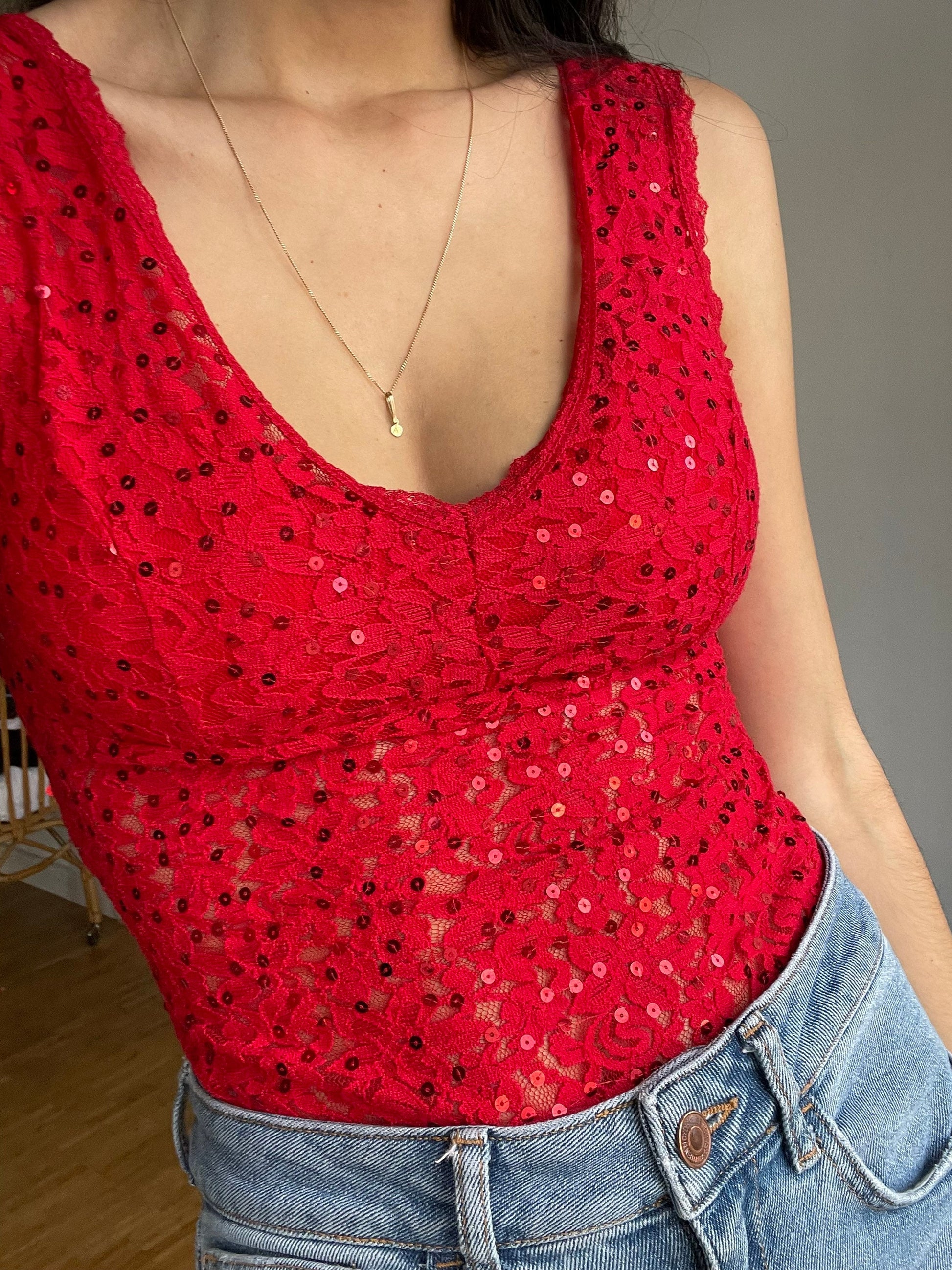 Gorgeous red sequin femme fatale leotard, Vibrant glitter one piece, Boujee deep v camisole, Vintage bodysuit, Clubbing top, Christmas top