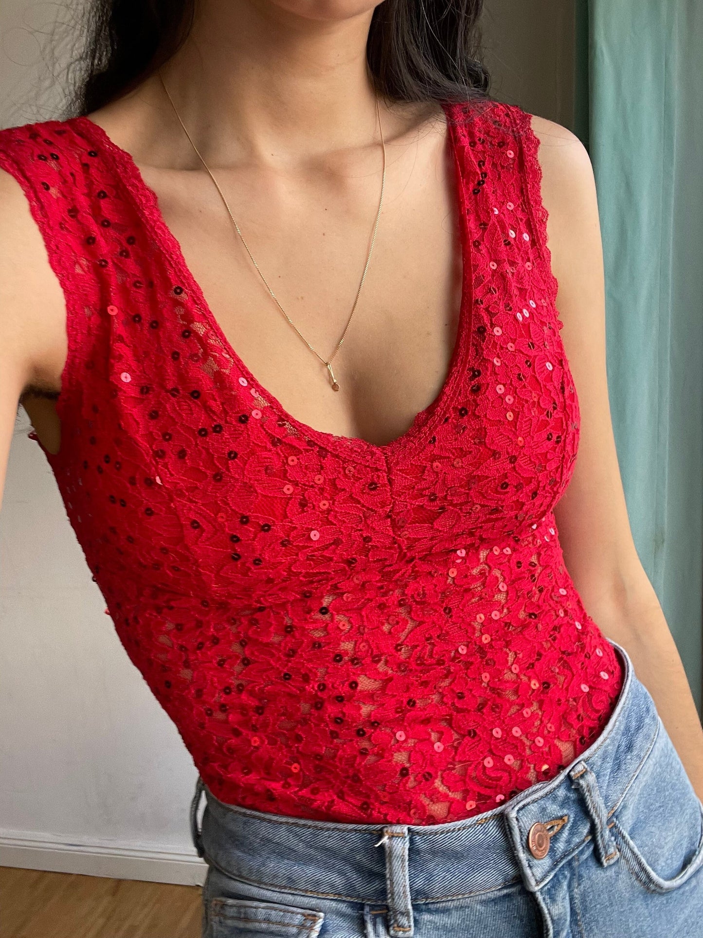 Gorgeous red sequin femme fatale leotard, Vibrant glitter one piece, Boujee deep v camisole, Vintage bodysuit, Clubbing top, Christmas top