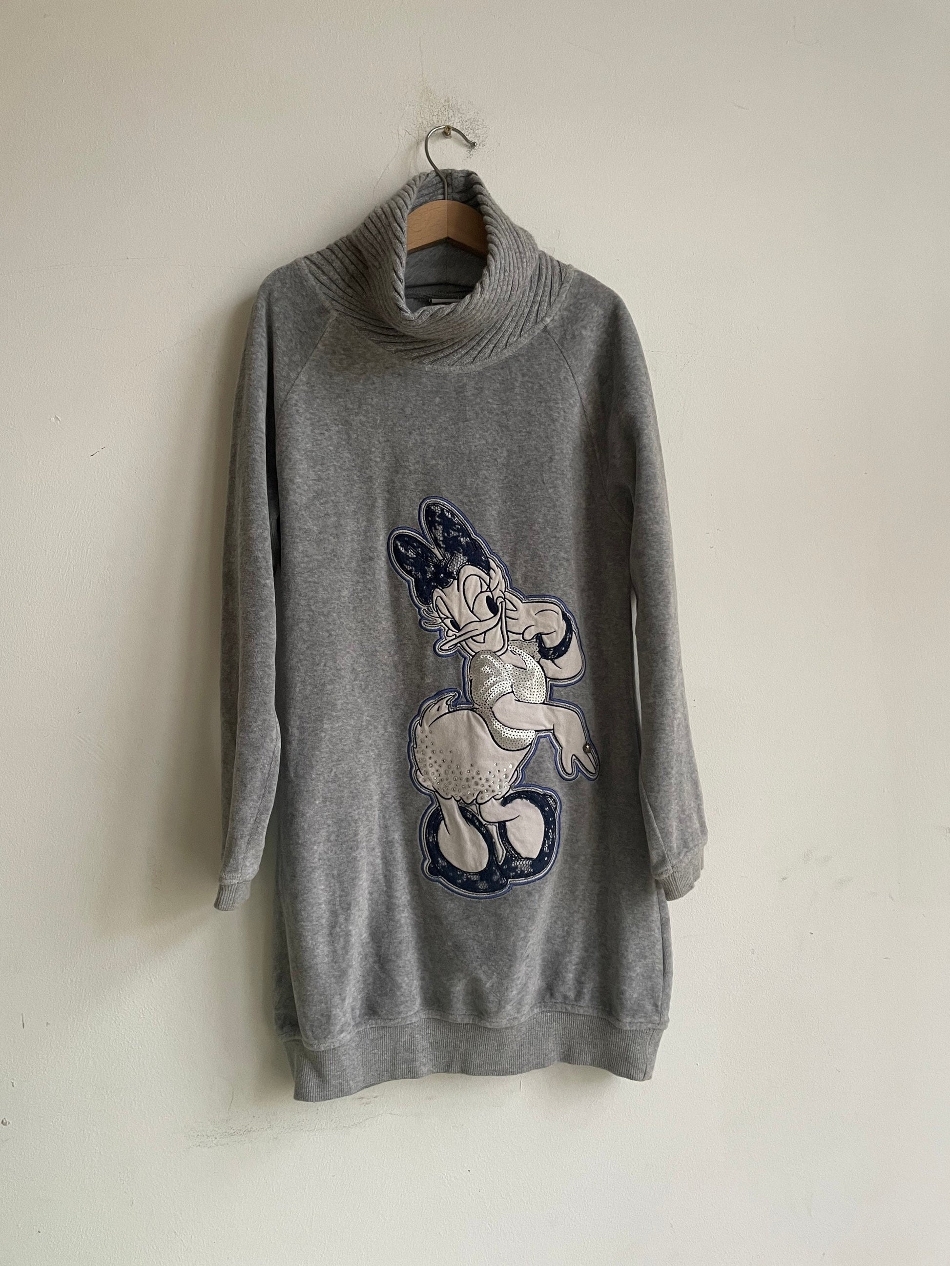 Vintage Disney Daisy Duck Kids Pullover Sweater, 1990s Grey Turtleneck Jumper, Size 10 (140), Lace & Sequin Embellishments