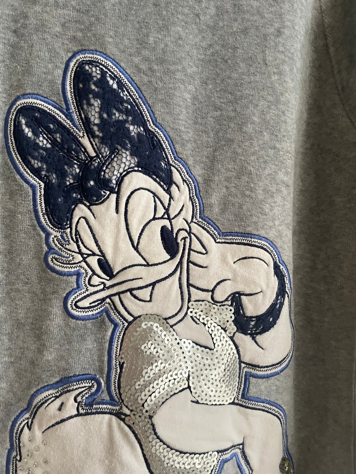 Vintage Disney Daisy Duck Kids Pullover Sweater, 1990s Grey Turtleneck Jumper, Size 10 (140), Lace & Sequin Embellishments